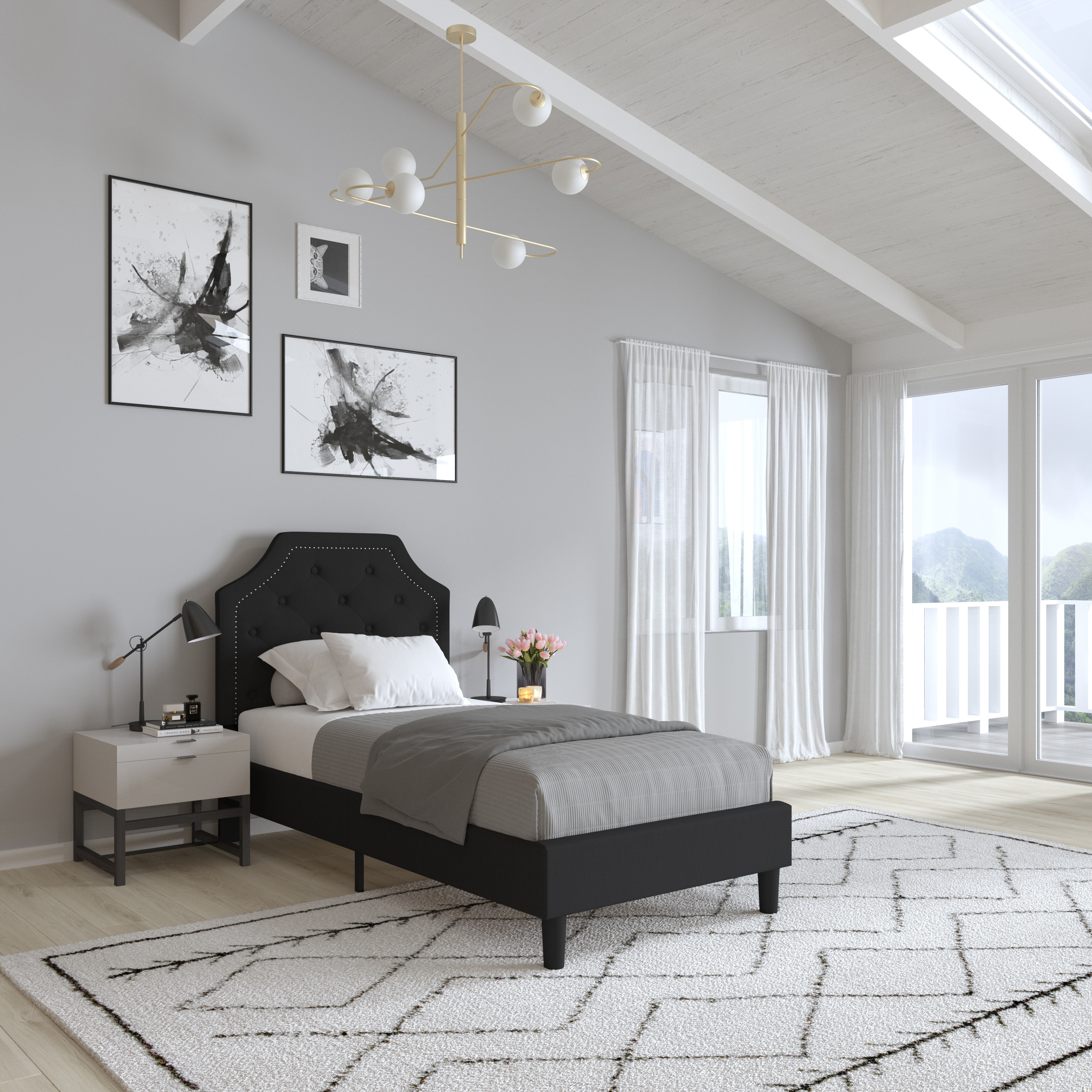 Merrick Lane 840196333342 Provence Twin Size Platform Bed with Slatted Support Contemporary Black Tufted Fabric Upholstery with Gold Accent Nail Trim