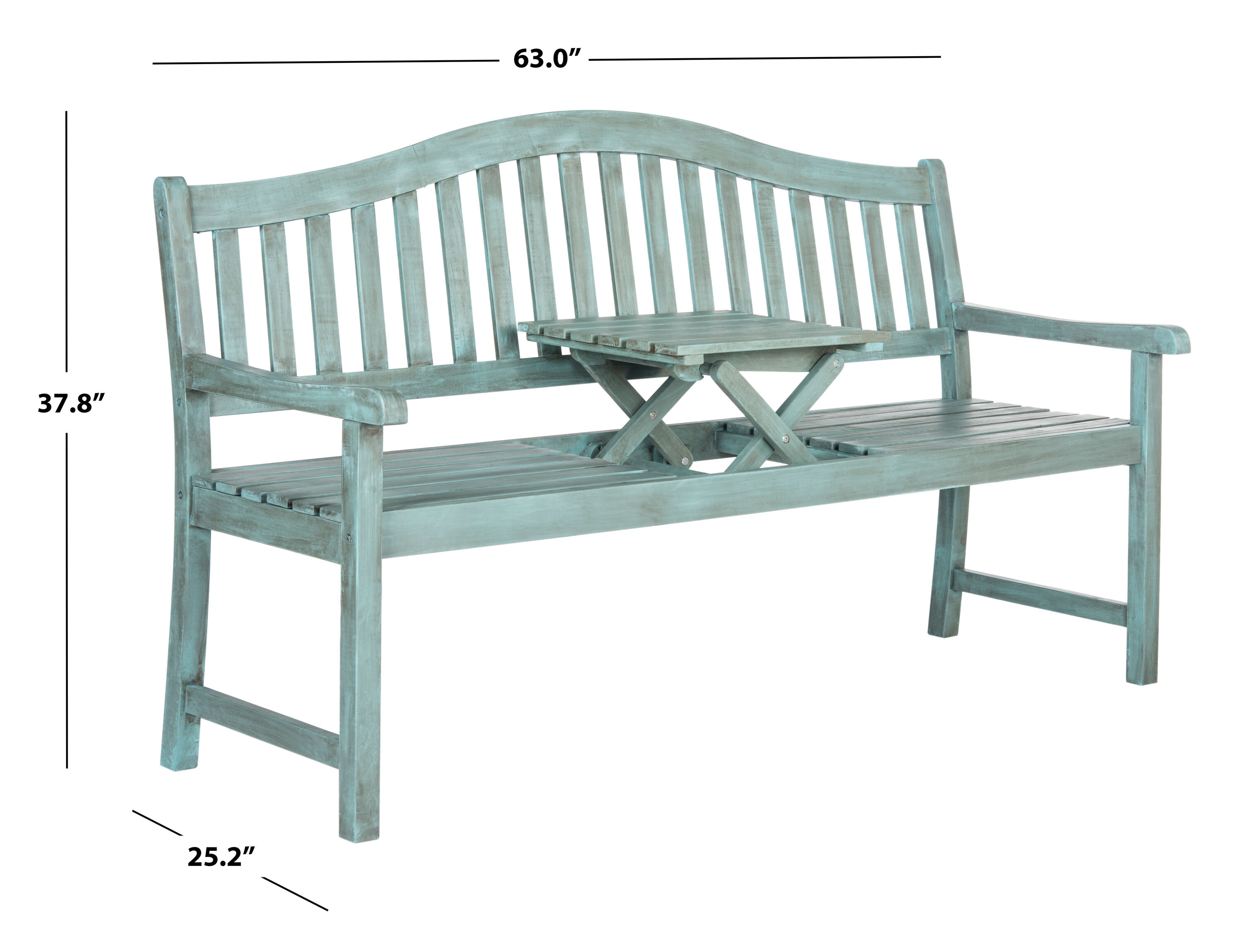 Beach House Blue Acacia Outdoor Bench with Pop-Up Table