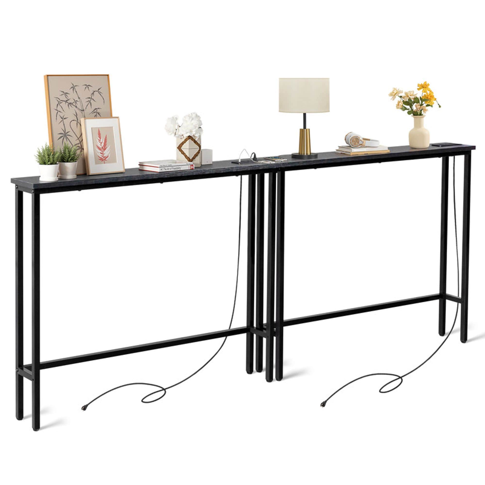 Winado  78.8in Black 2pcs  Entryway Sofa Table with Plugs and Metal Frame