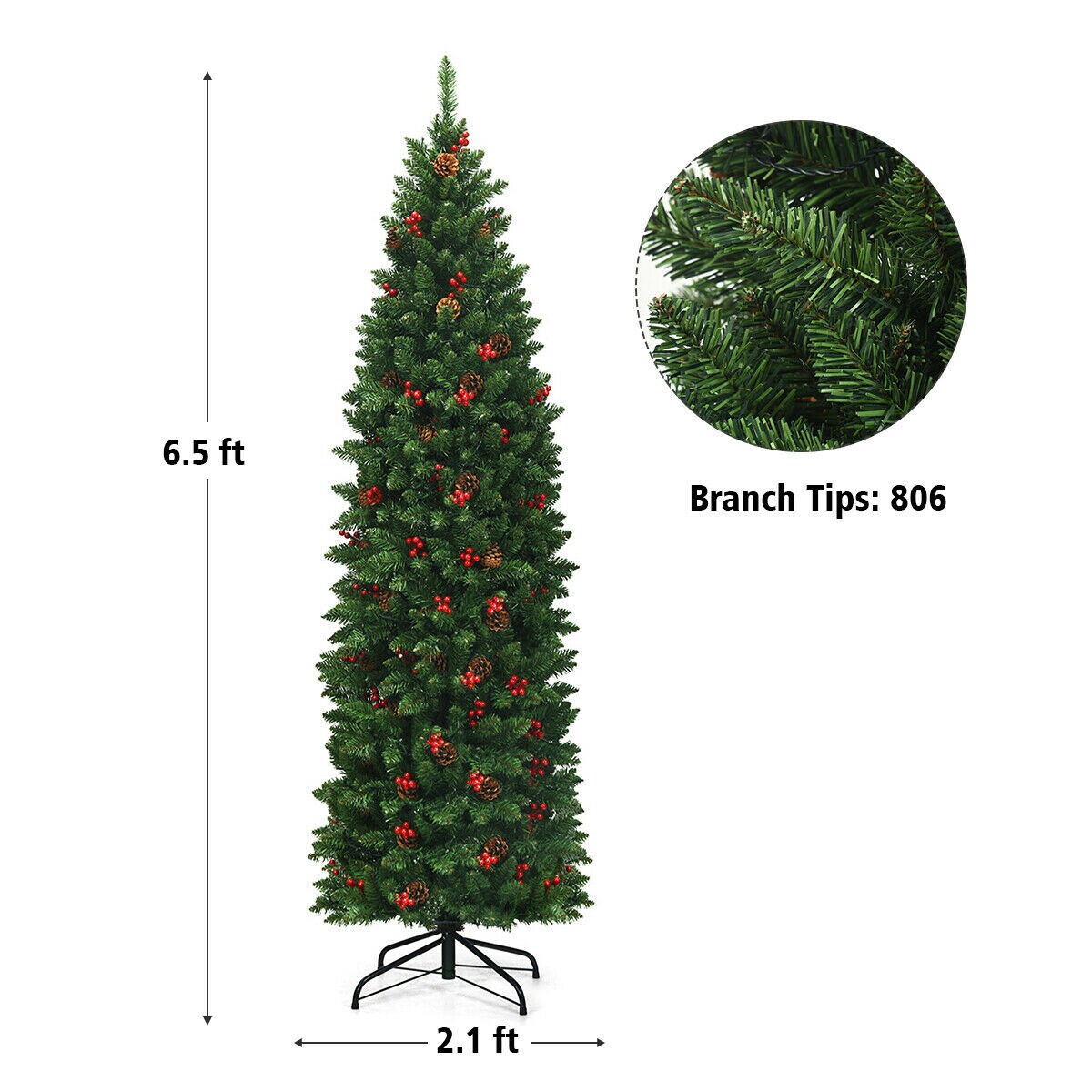 6.5ft Pre-Lit Slim Green Fir Christmas Tree with Pine Cones and Berries