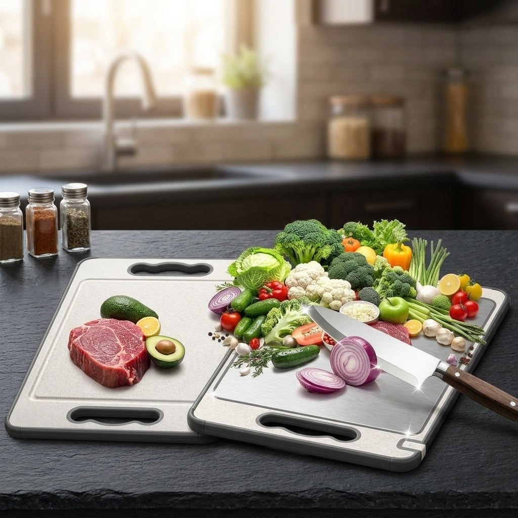 Phewnyzo Titanium and Wheat Straw Double Sided Cutting Board 14.37 x 9.84 in Non Slip Food Grade Dishwasher Safe
