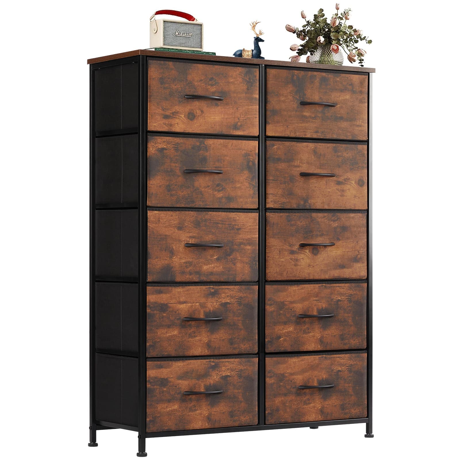 Sweetcrispy Rustic Brown 10-Drawer Fabric Dresser Chest of Drawers with Metal Frame