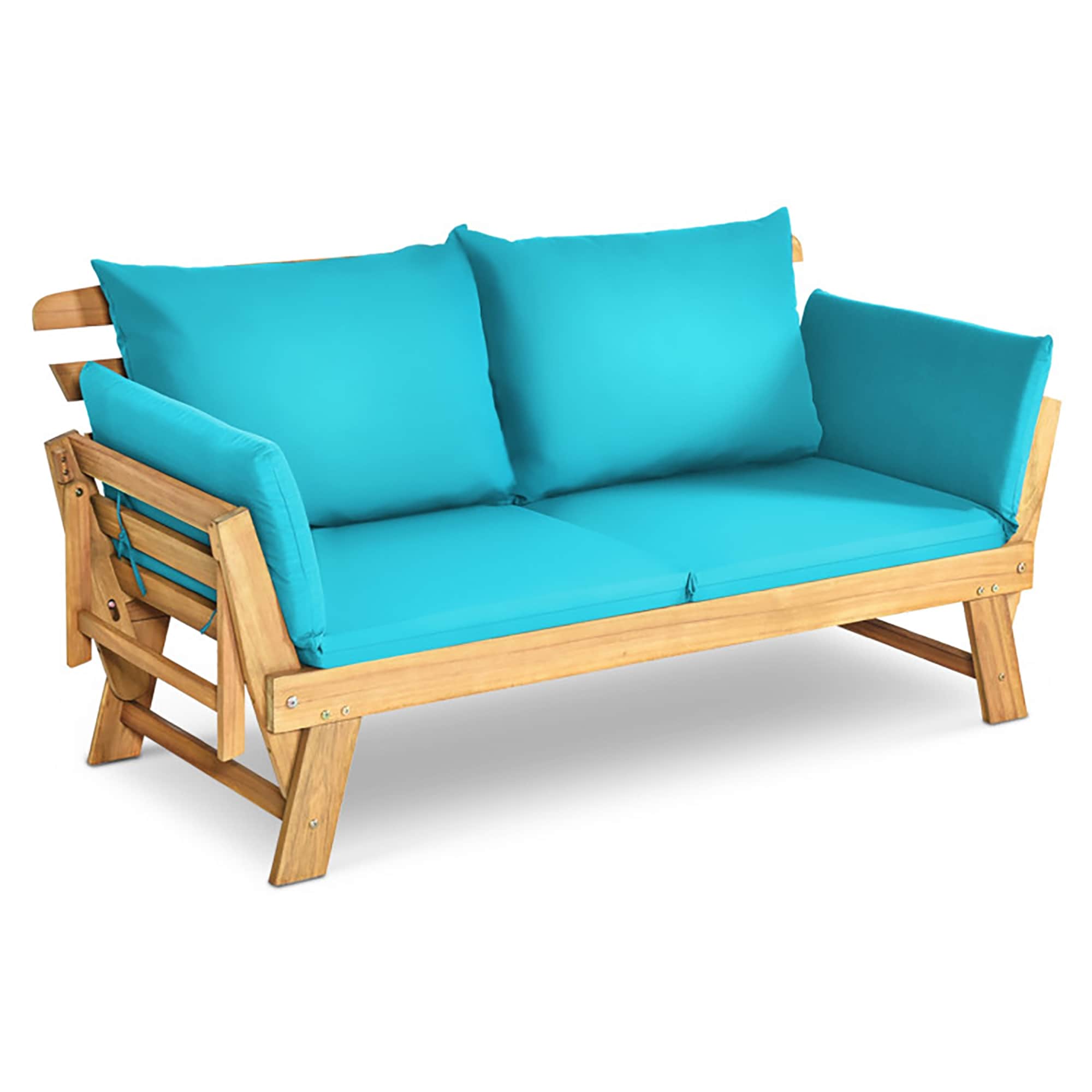 Forclover HYFL-07ATU Adjustable Patio Convertible Sofa with Thick Cushion Outdoor Loveseat with Blue Cushions and Wood Frame
