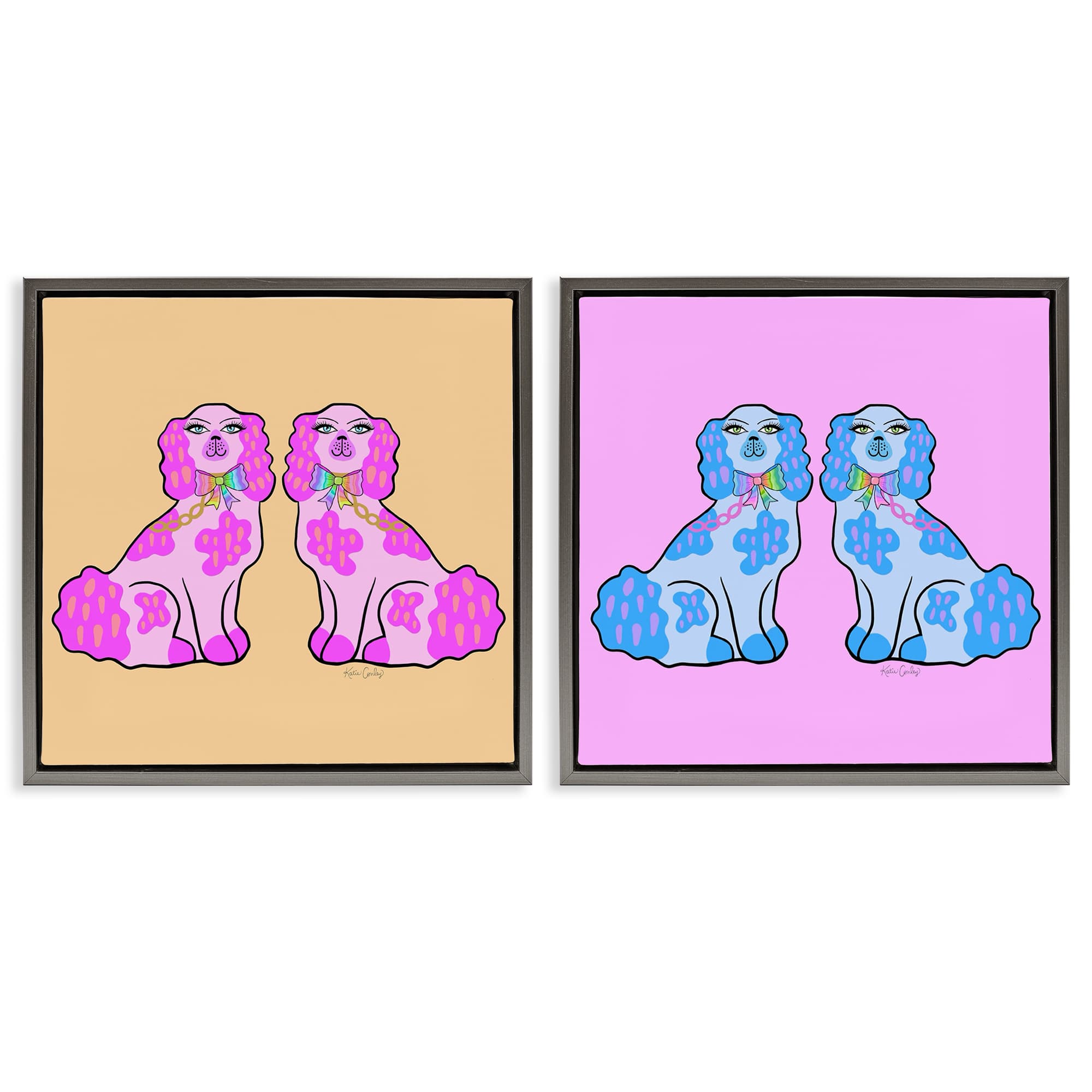 Stupell Industries B2-793-FFL-2PC-24X24 Brightly Colored Posh Pooches 2 Piece Gray Framed Floater Canvas Set By Katie Conley 25 x 25