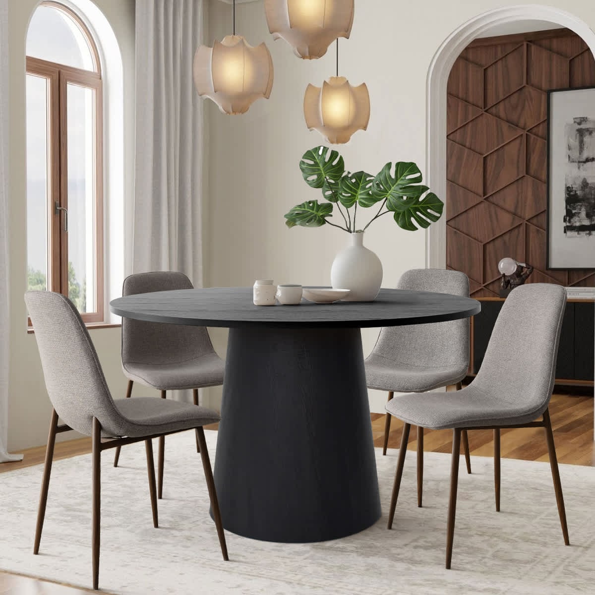 Maison Boucle DWENBK+OSLO-GRAY 5 Piece Black Round Dining Table Set with 4 Gray Upholstered Armless Chairs for Modern Kitchens
