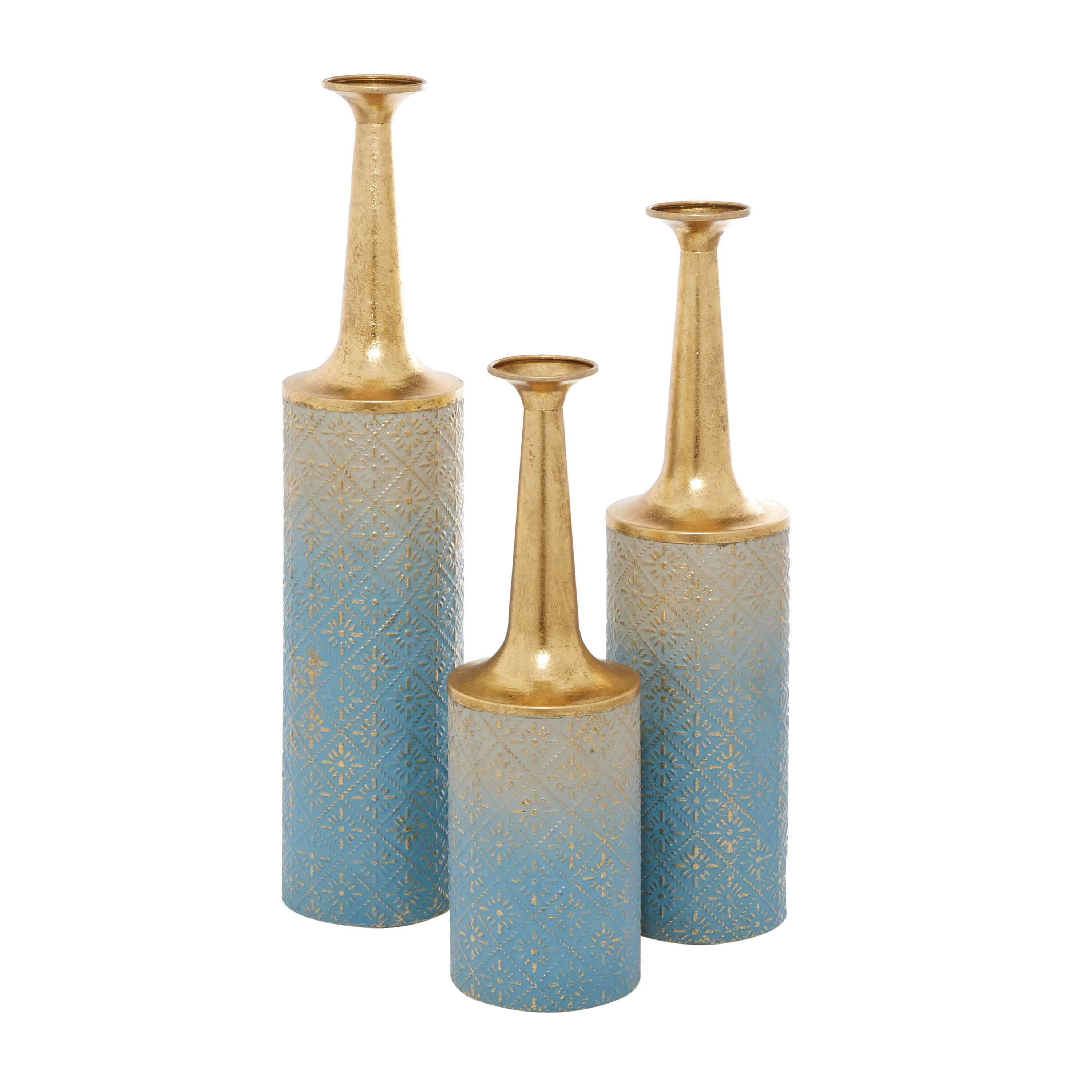 Blue and Gold Metal Trumpet Vases Set of 3
