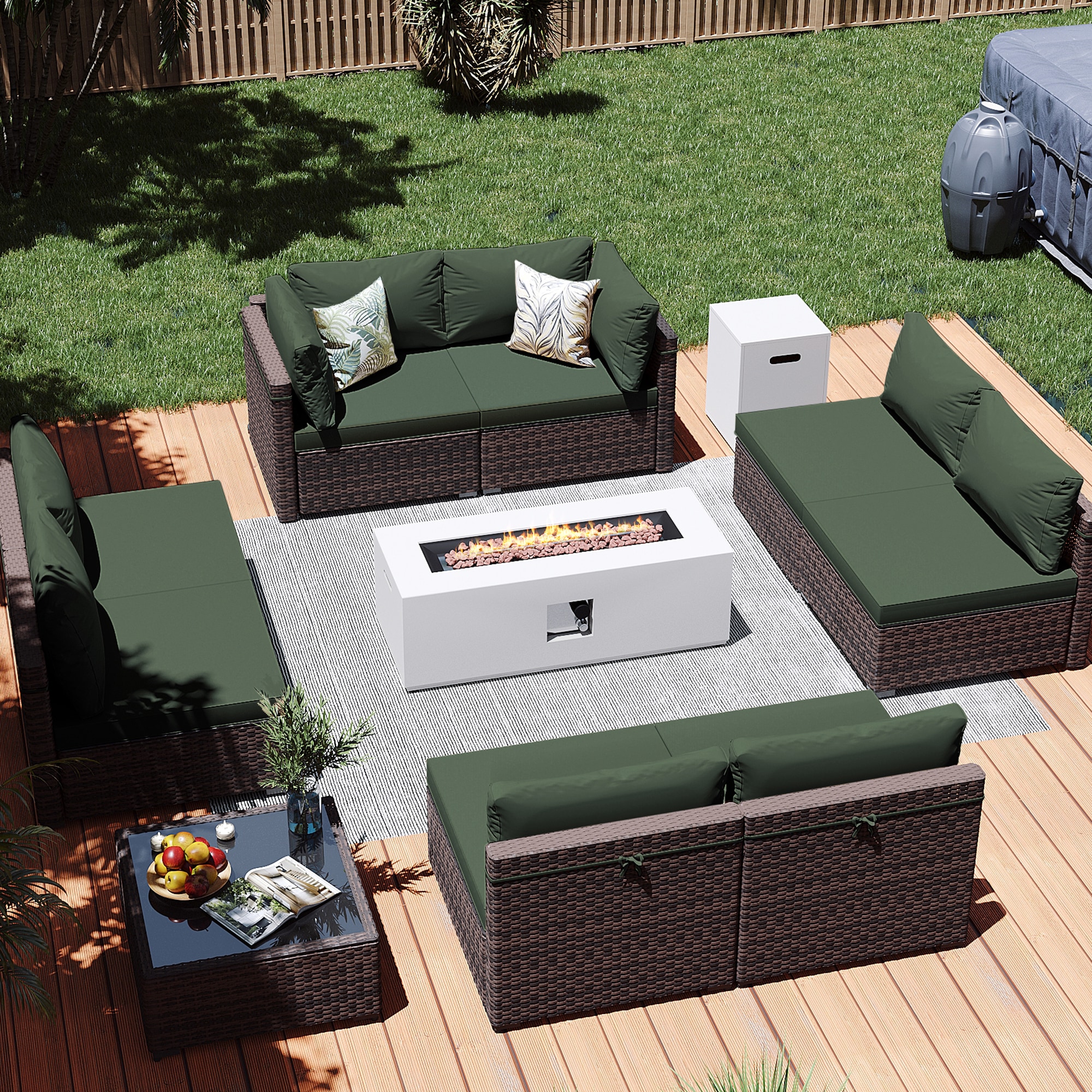 Patio Watcher LS-RT9-KD42CWH-B4 10 -Piece Rattan Patio Conversation Set with Green Cushions