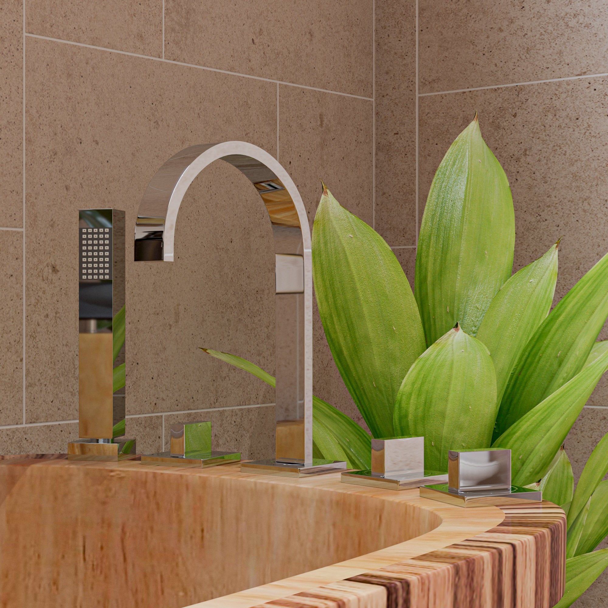 Natural Wood Freestanding Soaking Bathtub with Chrome Faucet