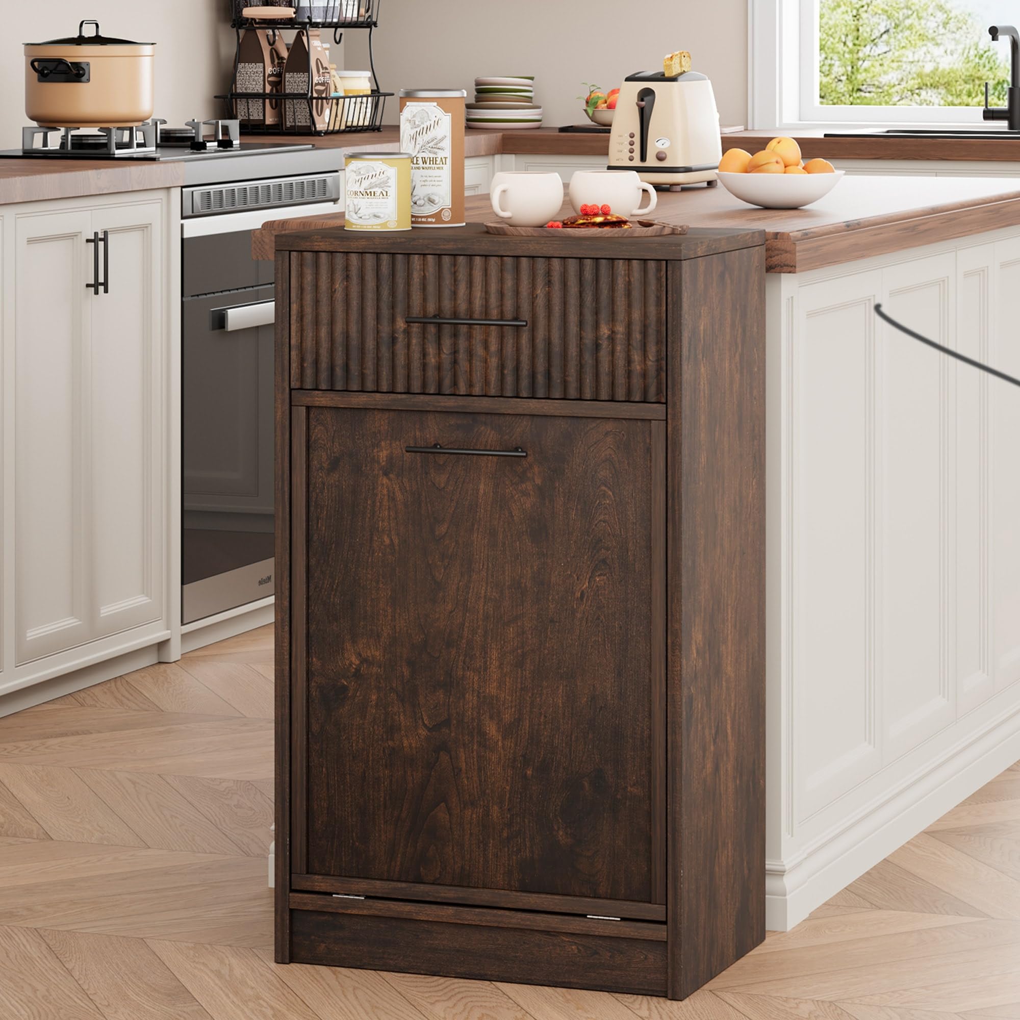 Garvee - Dark Cherry Fluted Front Tilt Out Trash Cabinet Single Unit Multifunctional Storage Cabi...