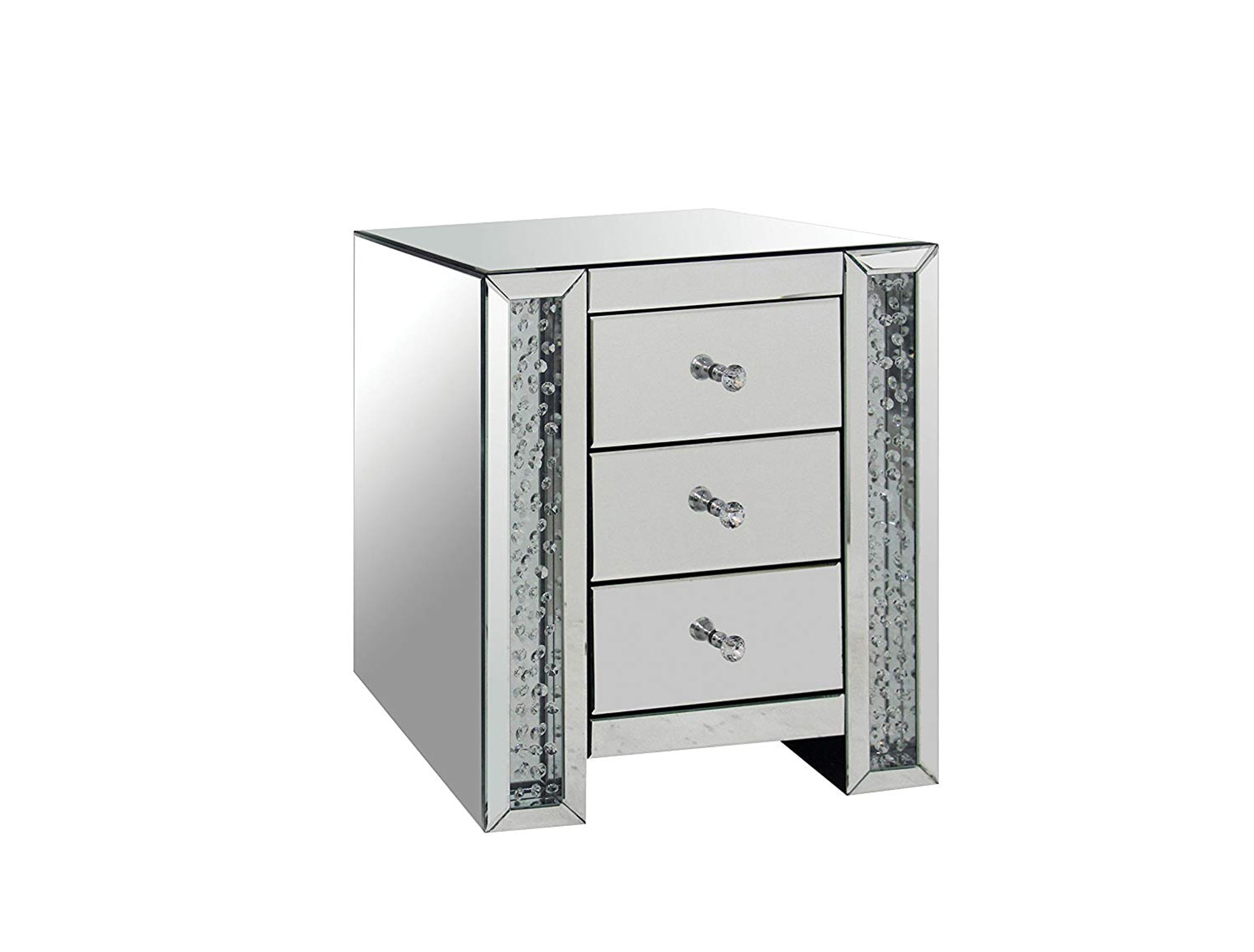 Contemporary Silver Nightstand with 3 Drawers and Faux Crystal Knobs | - Benzara BM154572