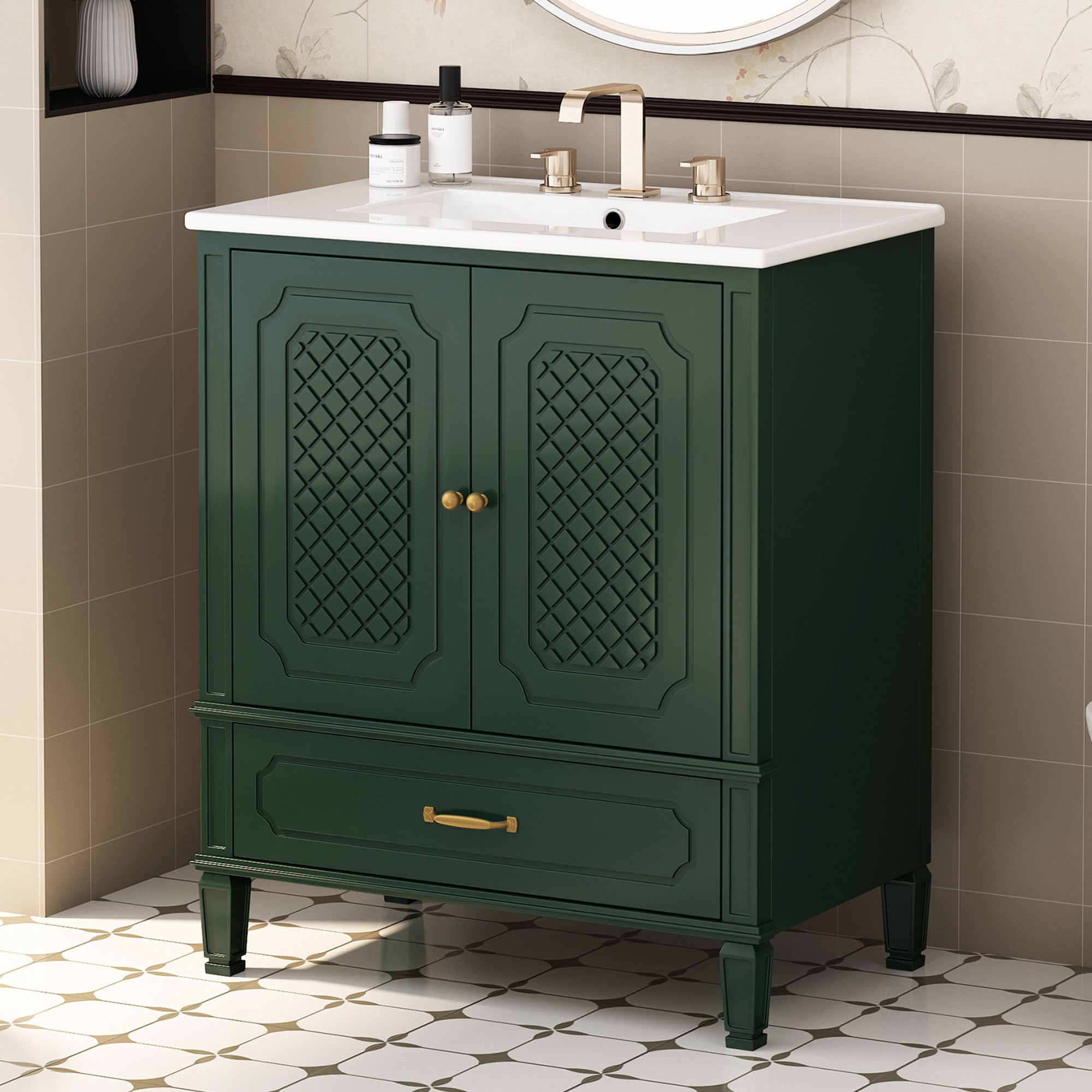 PexFix 30-in W Green Bathroom Vanity with Sink Vintage Style Multi-functional Storage Soft-Closing Door Freestanding Cabinet