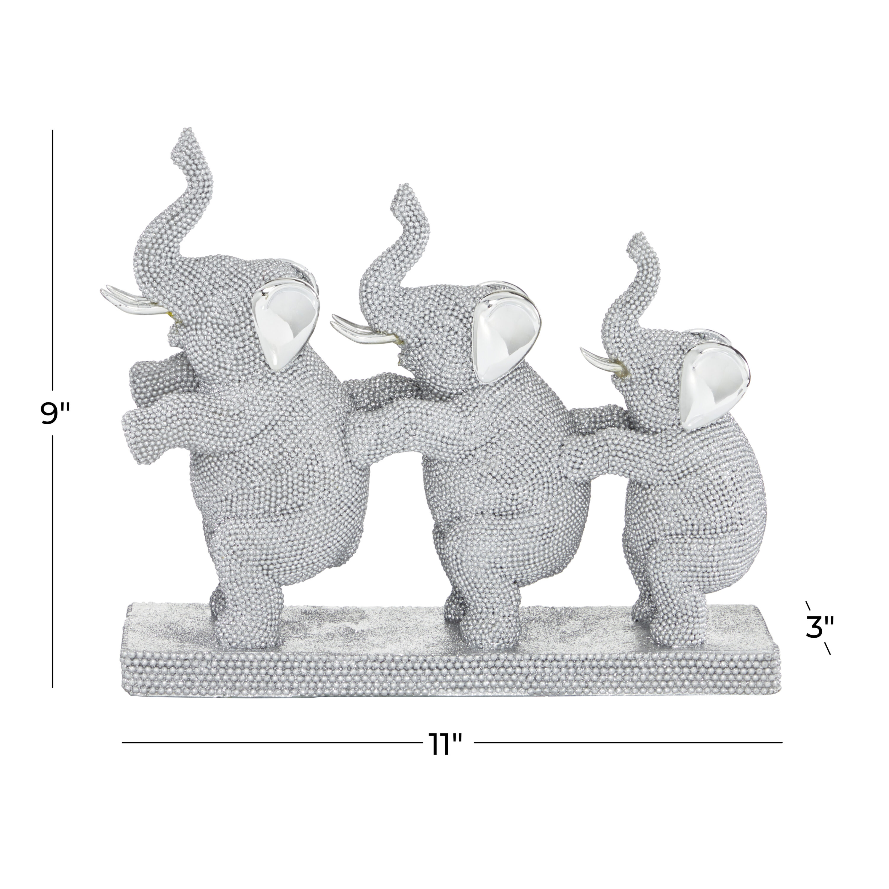 Silver Resin Elephant Trio Sculpture with Shimmering Finish