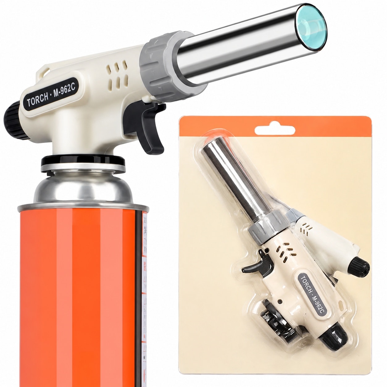 Etokfoks  White and Silver Kitchen Butane Torch with Adjustable Flame and 360 Degree Reverse Use for Cooking Butane Not Included