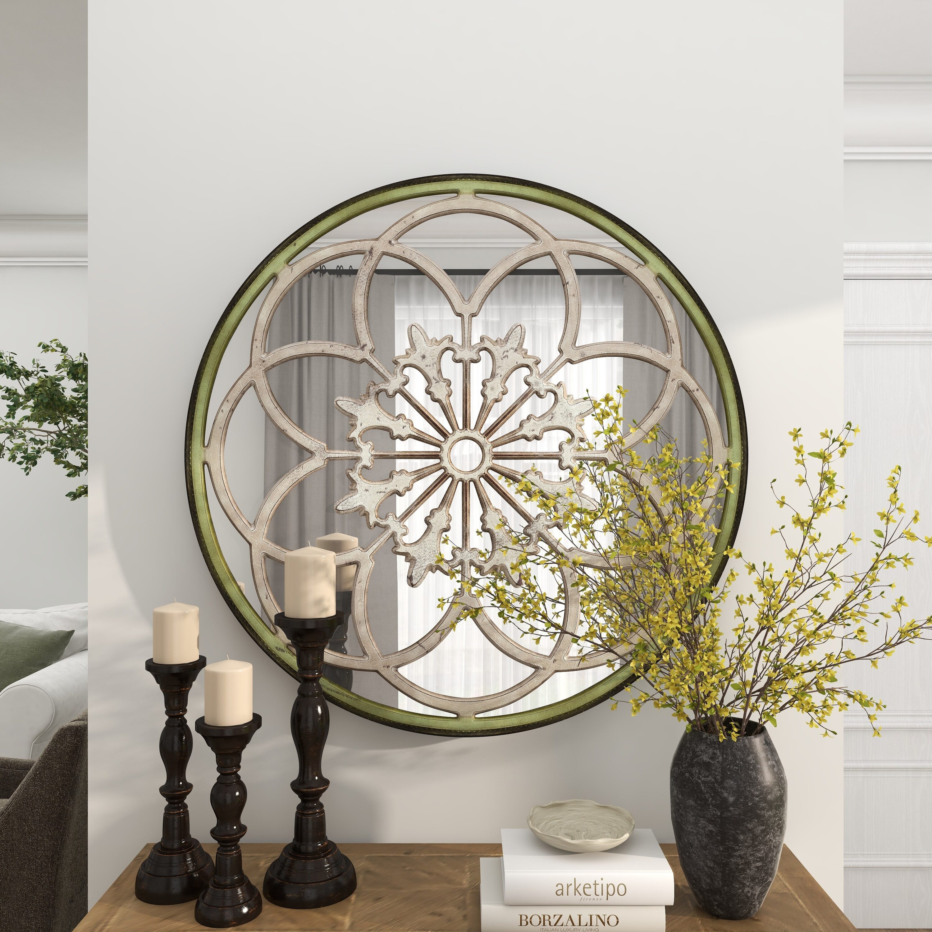 Vintage White Floral Medallion Round Wall Mirror