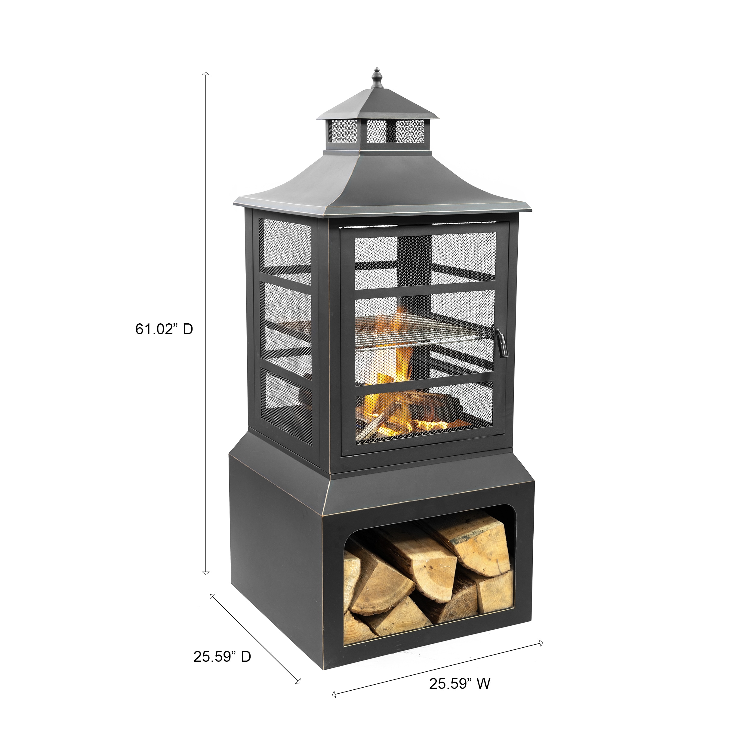 Black Steel Wood Burning Fire Pit with Log Storage