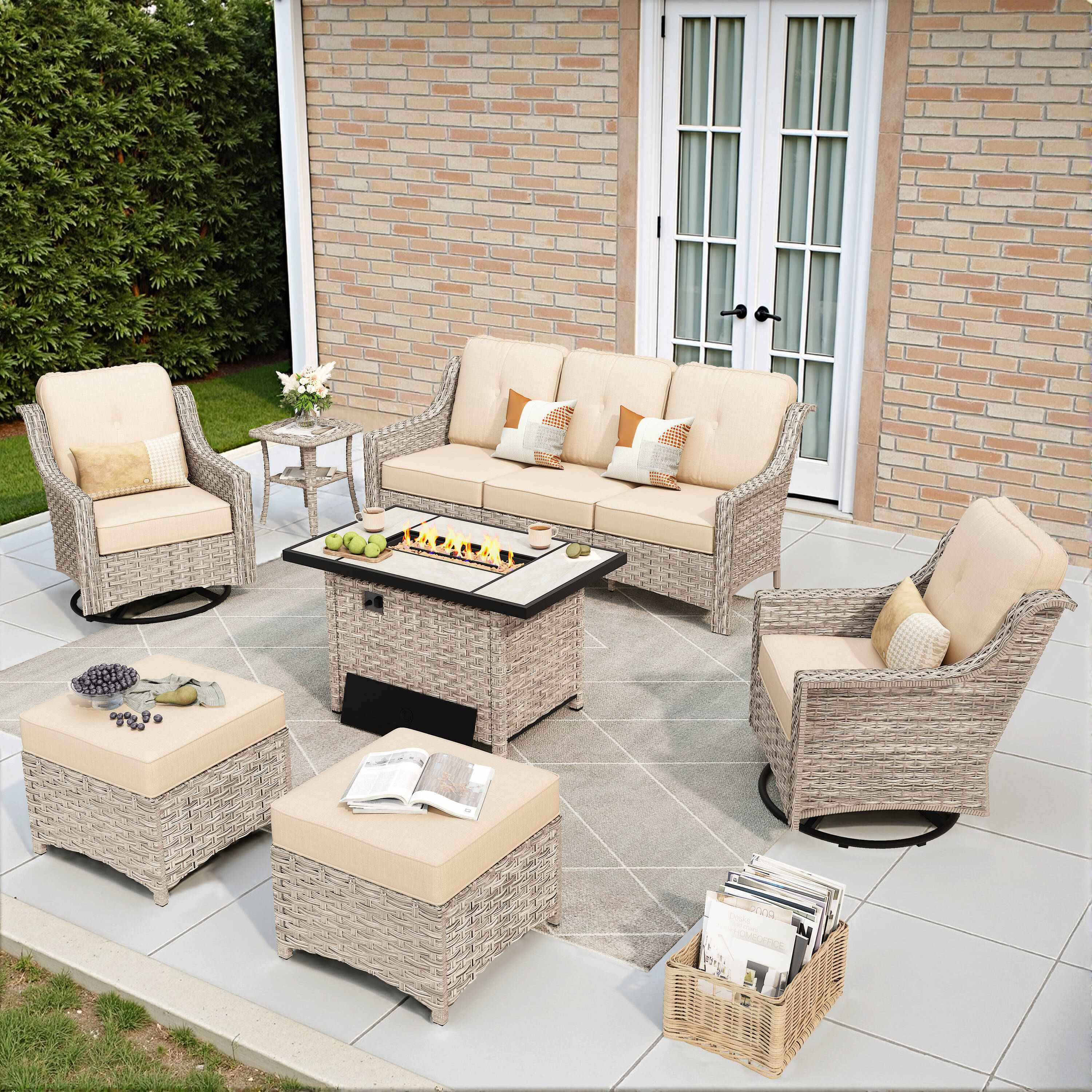weaxty HMBCFP-YZPAD6072 Aireno 7 -Piece Rattan Patio Sofa Conversation Set with Off-white Cushions
