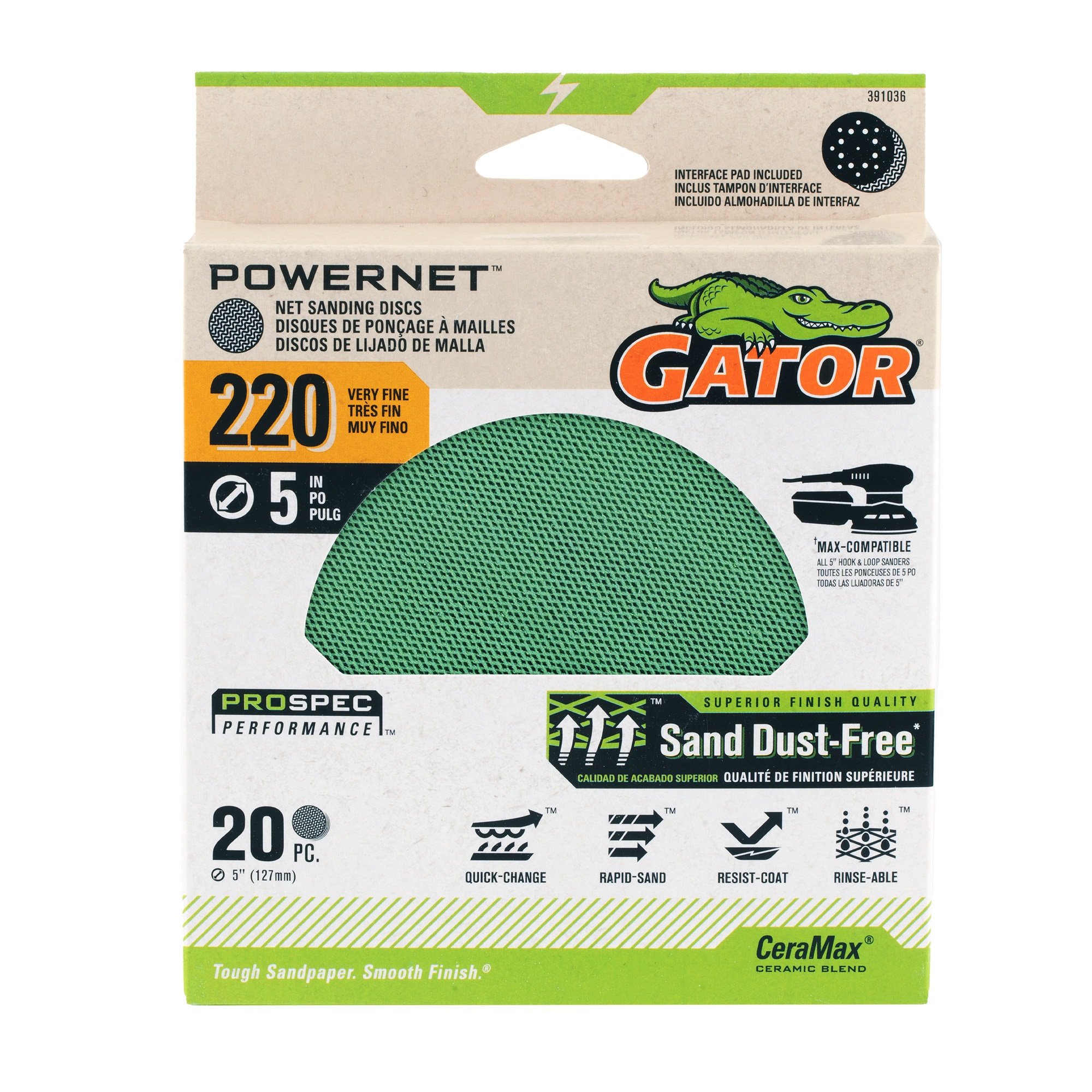 Gator 391036 PowerNet 20 -Piece Ceramic alumina 220 -Grit Disc Sandpaper