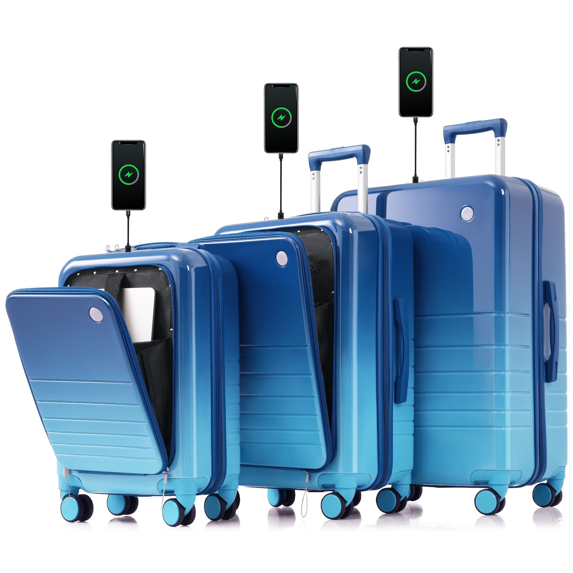 Bybafun YD9600012 25.9x17.7x12 IN Blue Plastic Hardshell Suitcase set 3 -Bag