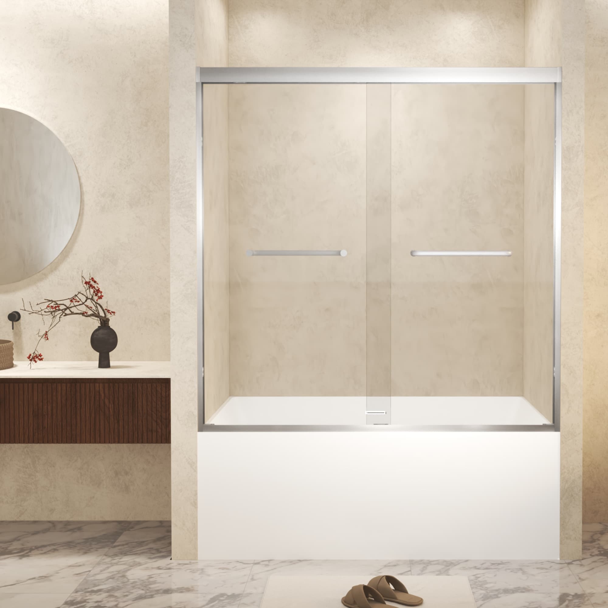 BEARSOLIM 56-in to 60-in W x 60-in H Aluminum Frame Double Sliding Shower Door 1/4-in Tempered Glass with Explosion Proof Film Stainless Steel Handle #DJYC-W1675P288831