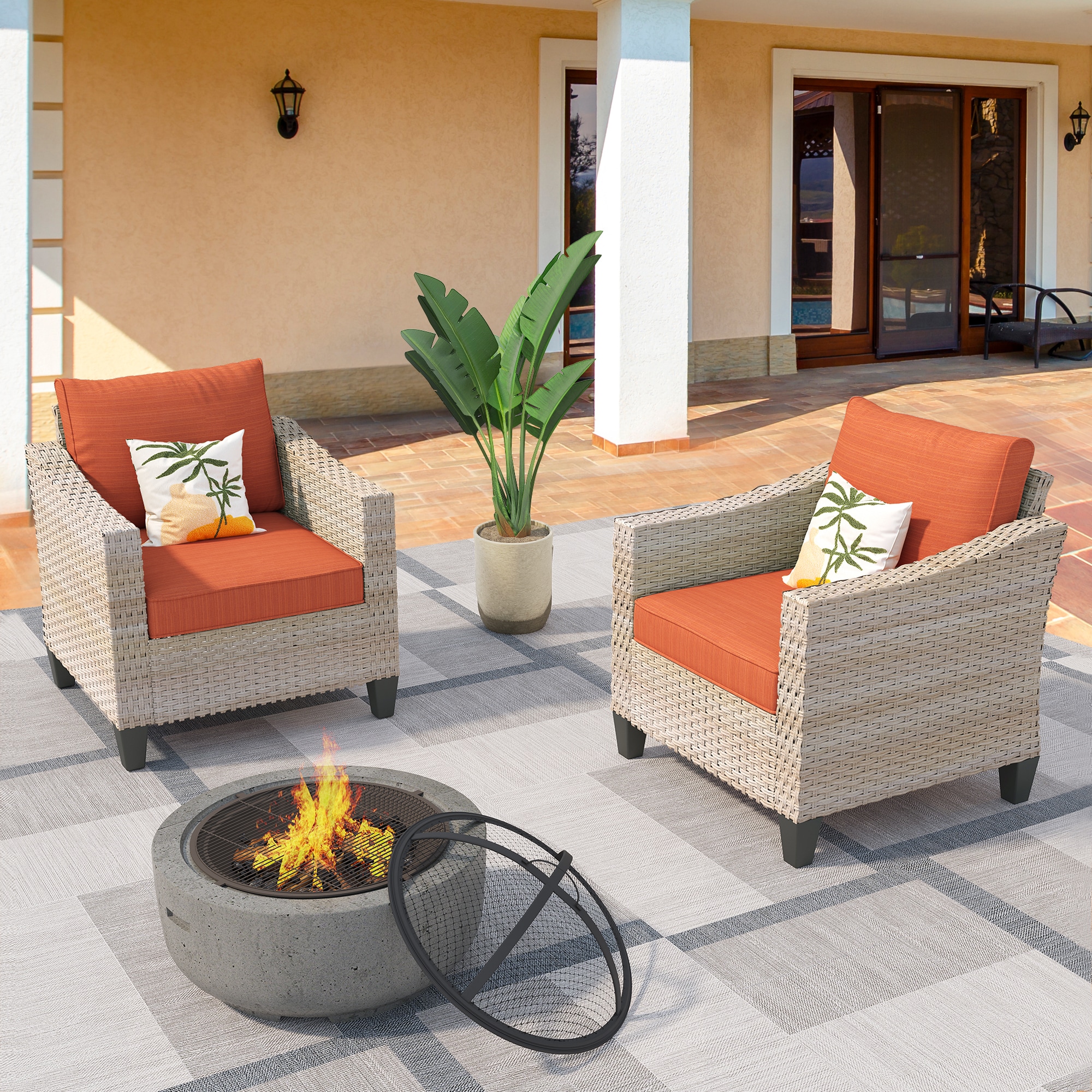 weaxty HMBFCDAR803 Athena Set of 2 Wicker Black Steel Frame Stationary Conversation Chair with Orange Cushioned Seat