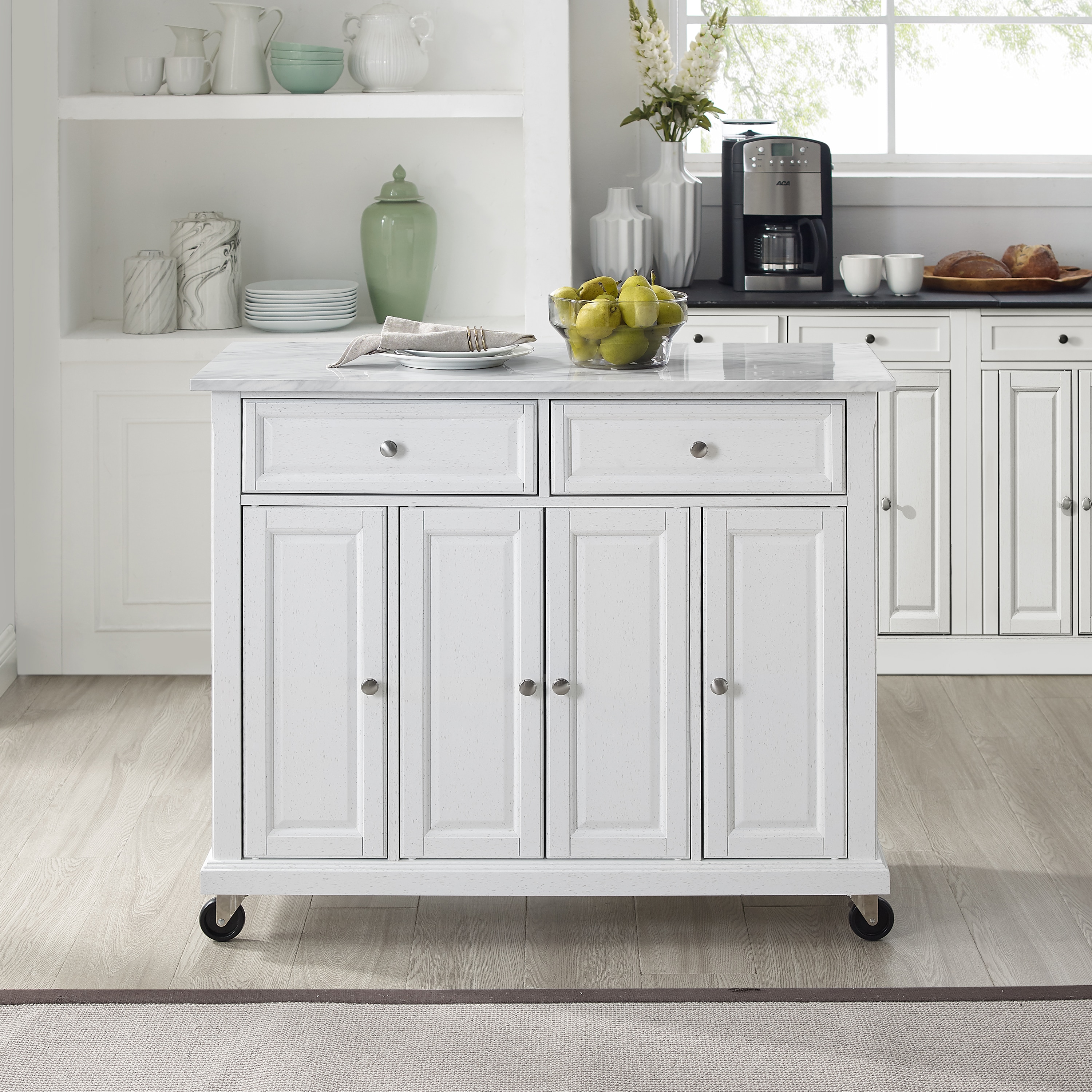 Crosley Furniture White Wood Veneer Base with Faux Marble Top Rolling Kitchen  Cart (42.13-in x 18-in x 36-in) in the Kitchen Islands  Carts department  at