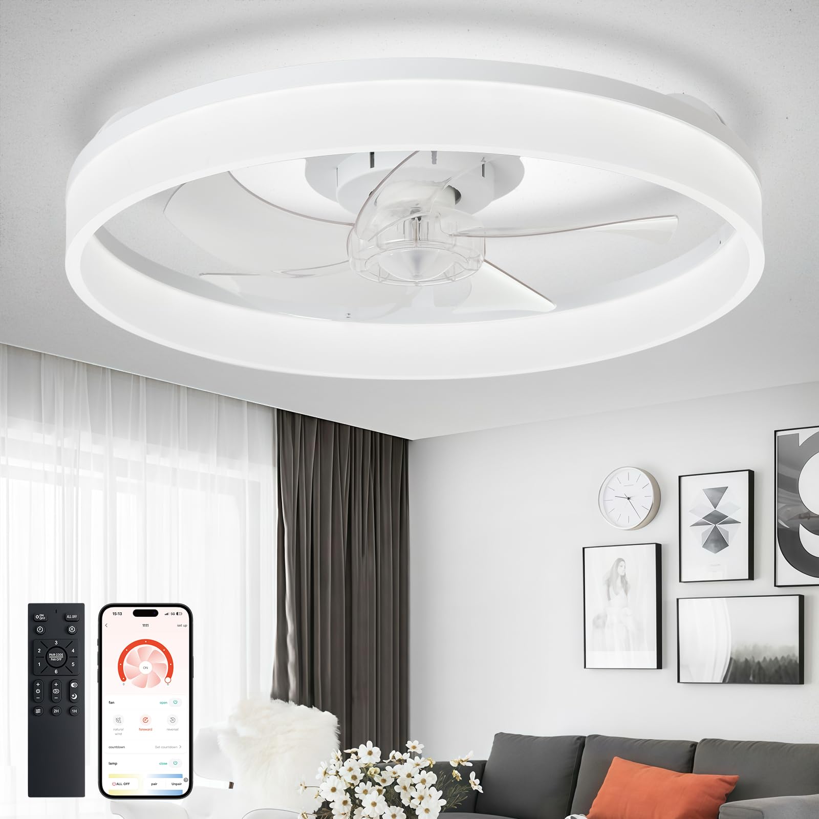 Adrinfly  20 Inch Flush Mount Low Profile Ceiling Fan with Light and Remote Control White LED Bladeless Modern Design for Bedroom Living Room