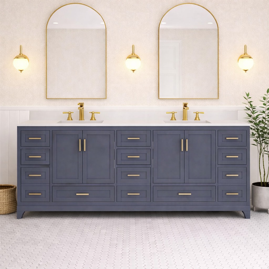 Ayna Decors Maya 84-in Navy Blue Undermount Double Sink Bathroom Vanity with White Quartz Top (Fully Assembled)