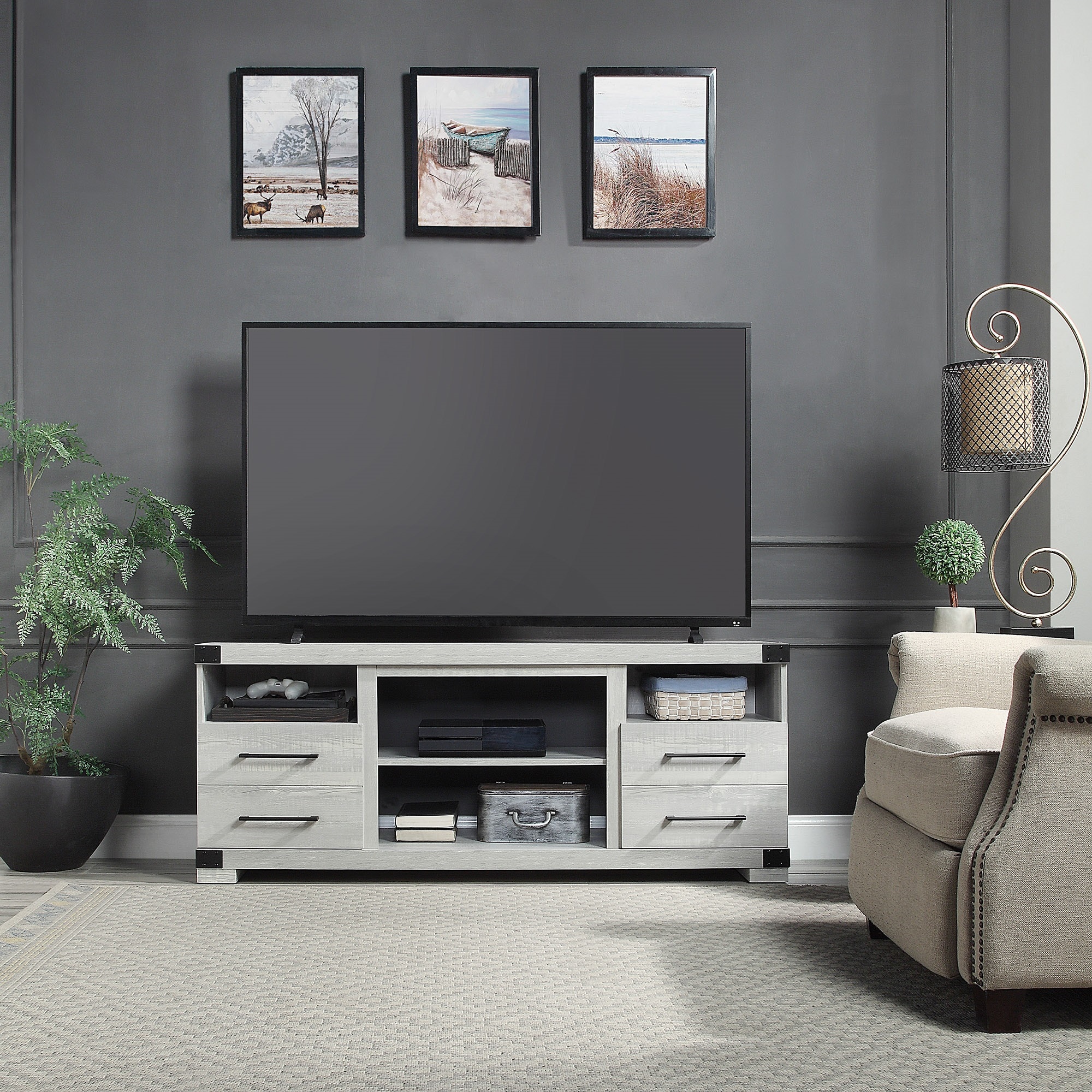 Gray Engineered Wood TV Stand with Drawers and Shelves