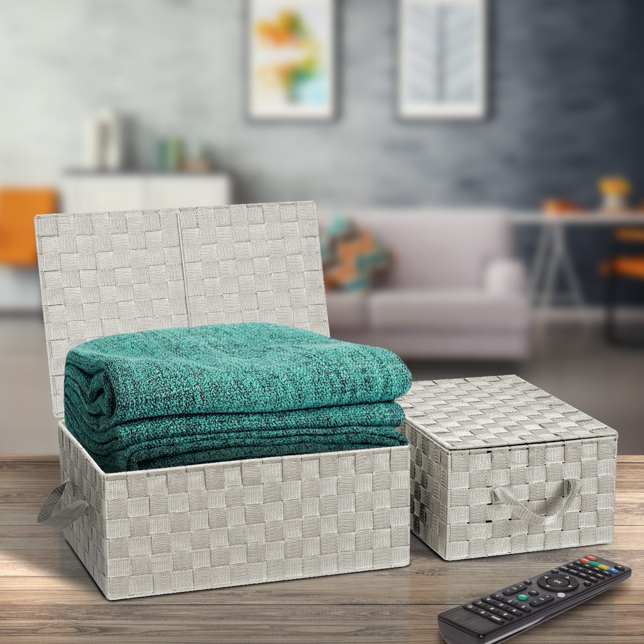 Beige Woven Fabric Storage Basket Set with Lids