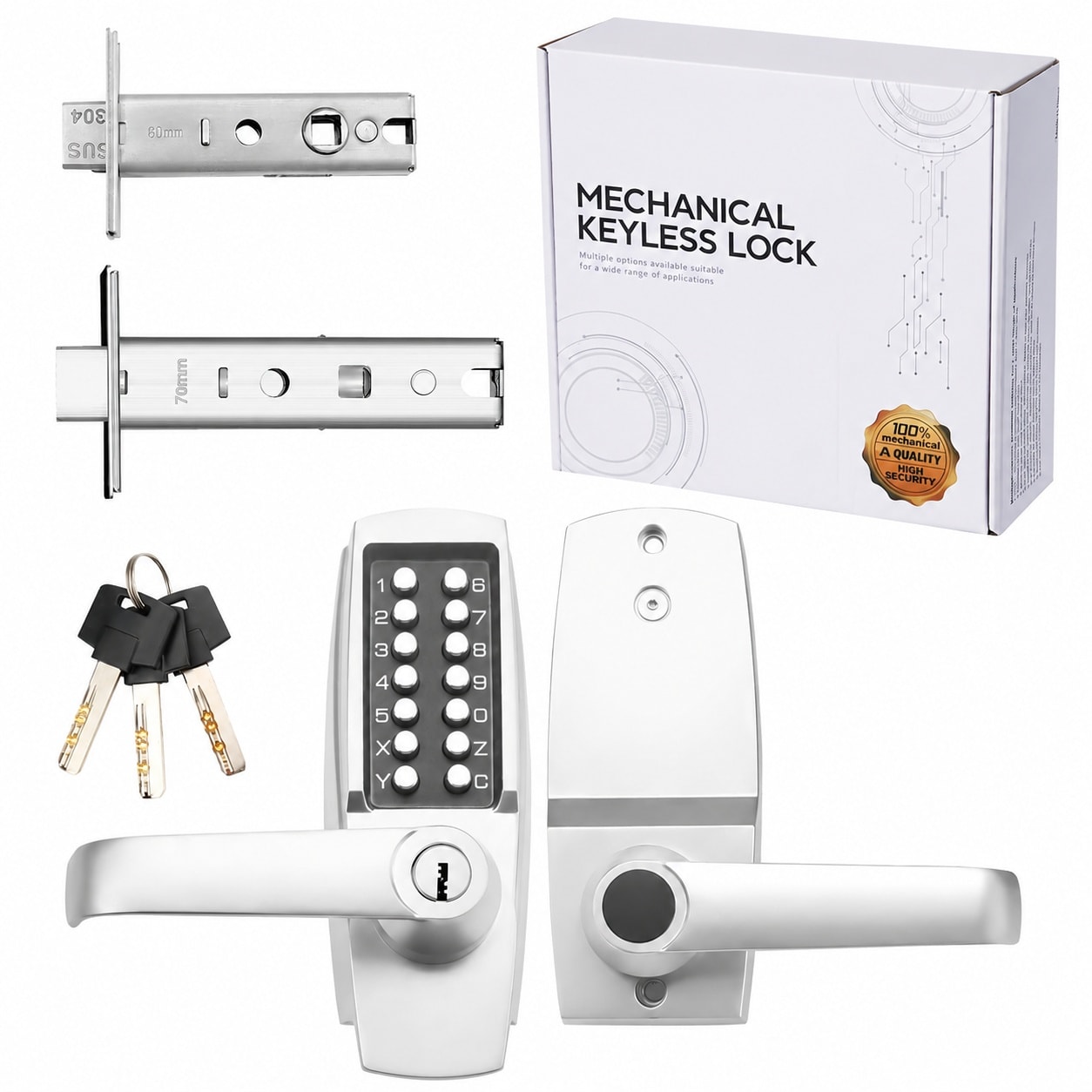 KHKFY  Mechanical Keypad Door Lock with Key for Front Gate Garage Office Brushed Nickel Auto Locking Push Button Code Fits Left or Right Handed