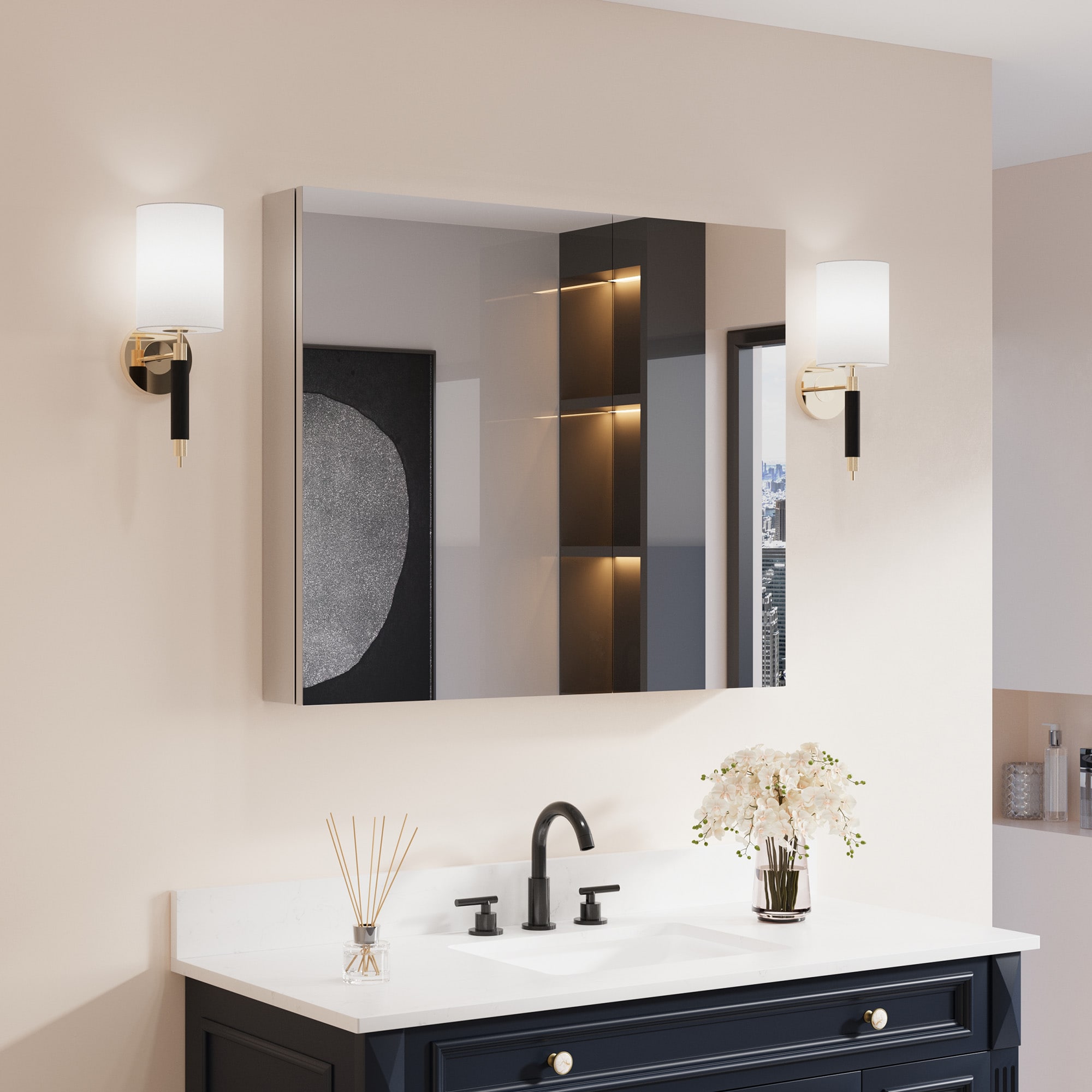 Forclover Reversible 36-in x 30-in Surface/Recessed Mount Chrome Aluminum Mirrored Rectangle Soft Close Medicine Cabinet