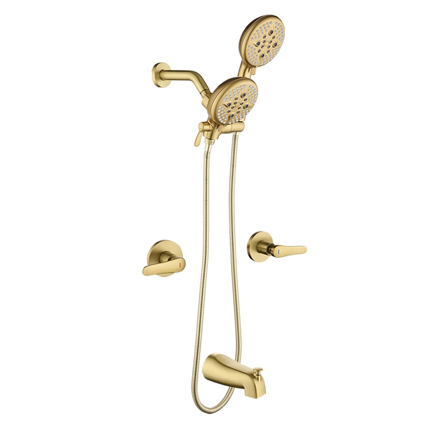 Boyel Living Brushed Gold Premium Brass Dual Handle Shower Set with 5 Function Dual Spray Head and Bathtub Spout