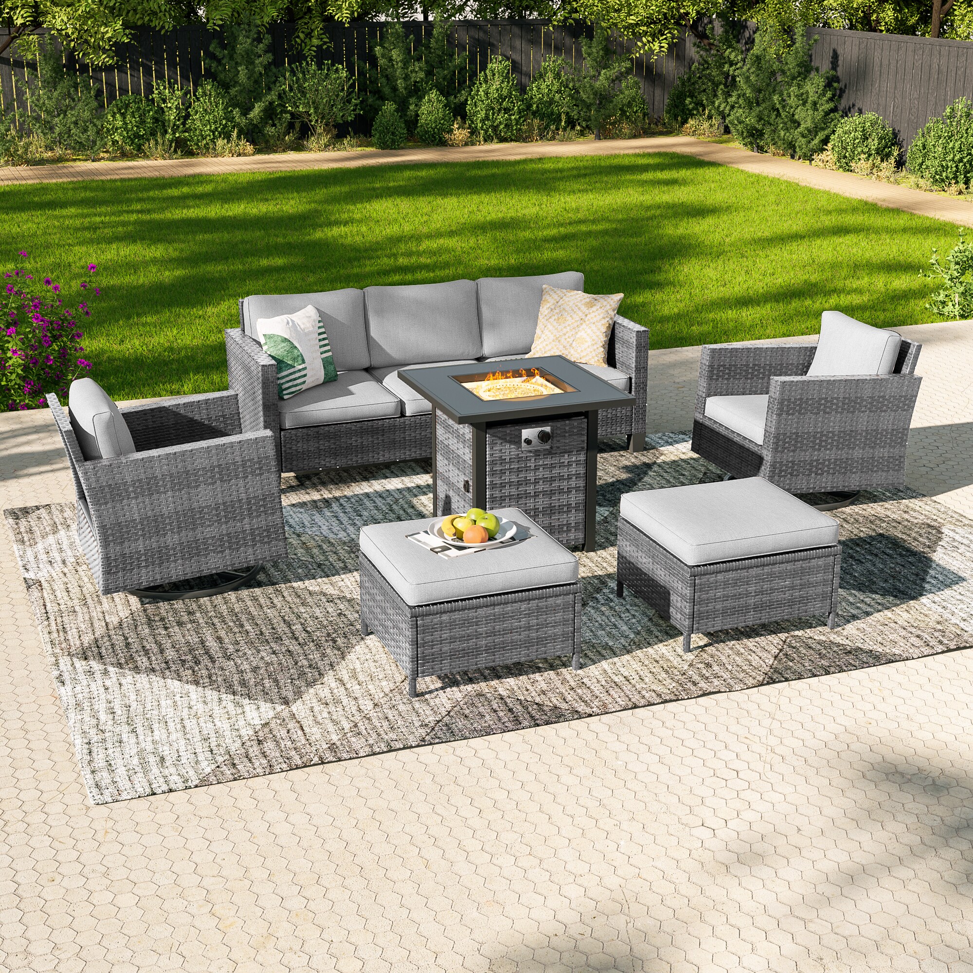 Sonkuki SD-PSS1-2RHLY-T4 Patio Conversation Set 6 -Piece Wicker Patio Sofa Conversation Set with Gray Cushions
