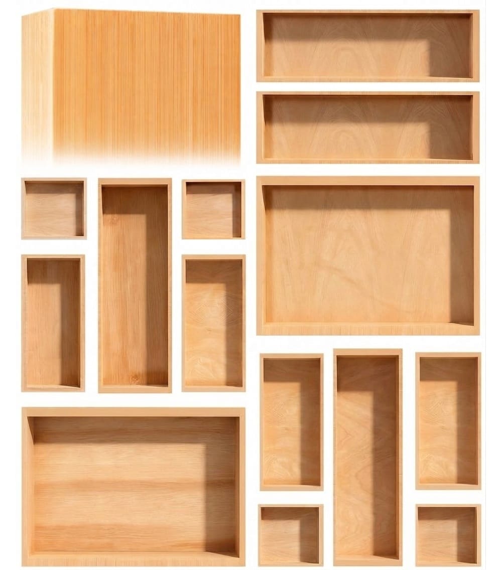 Aoibox  Natural Bamboo Drawer Organizer 14 Piece Set for Kitchen Office Jewelry Storage Dividers Everyday Use