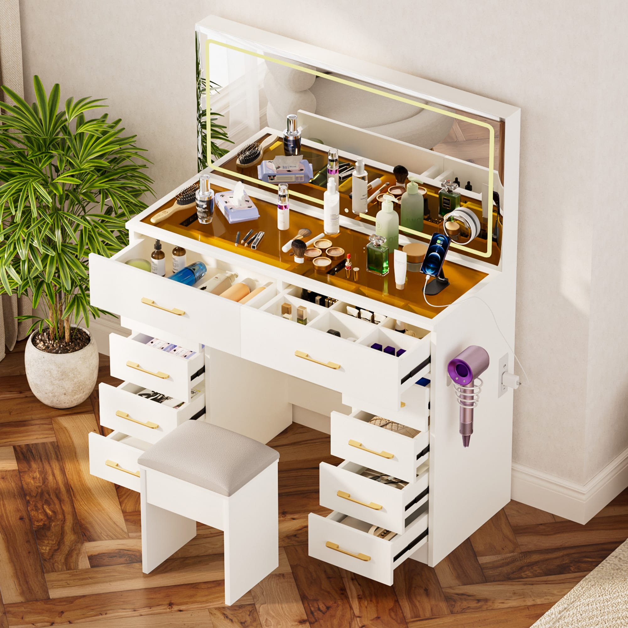 Tatayosi DJ2-7P311841 46 Inch Glass Top Vanity Desk with 10 Drawers and LED Mirror Power Outlet Dressing Table Set with Stool for Bedroom