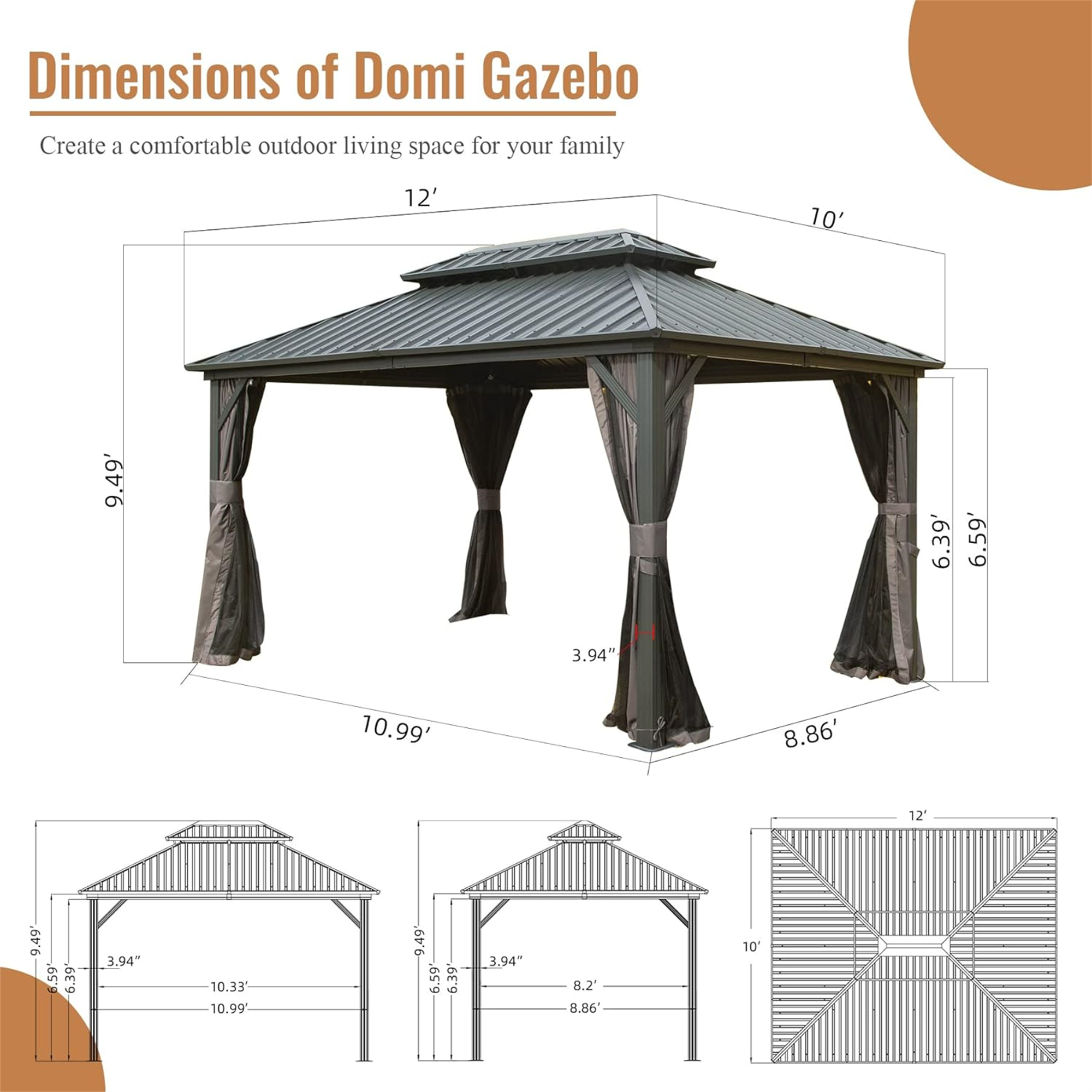 Maocao Hoom 12-ft x 10-ft Rectangle Gray Metal Steel Roof Gazebo in the ...