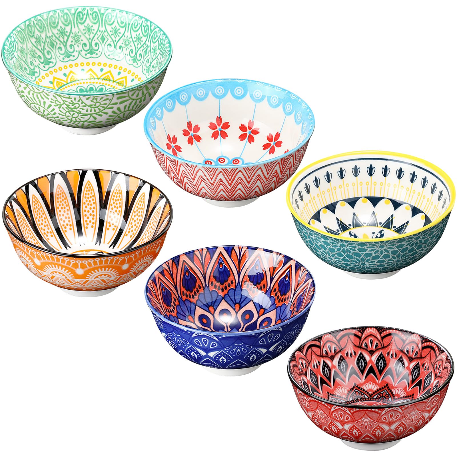 Aoibox  6 Pack 24 oz Ceramic Bowls Set with Colorful Patterned Dessert Soup Salad Serving Dishes 6 25 in Diameter