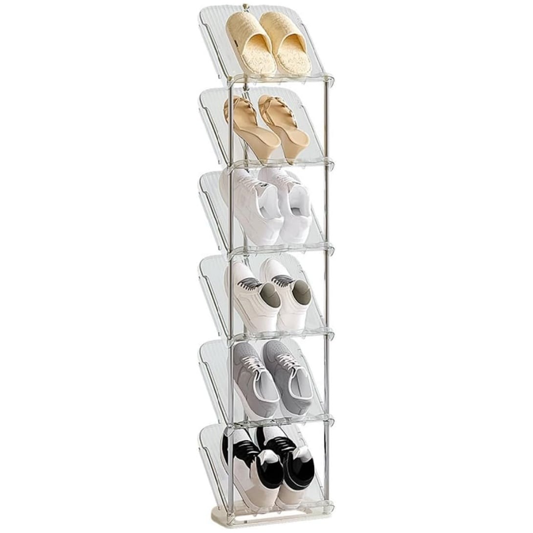 Garvee Sloping Narrow Shoe Rack 6 Tier Transparent Tall Shoe Storage Rack Shoe Slot Vertical Shoe Rack Shoe Stand Shoe Shelf Slim Tall Shoe Rack For Narrow Space Hallway Entryway Corner
