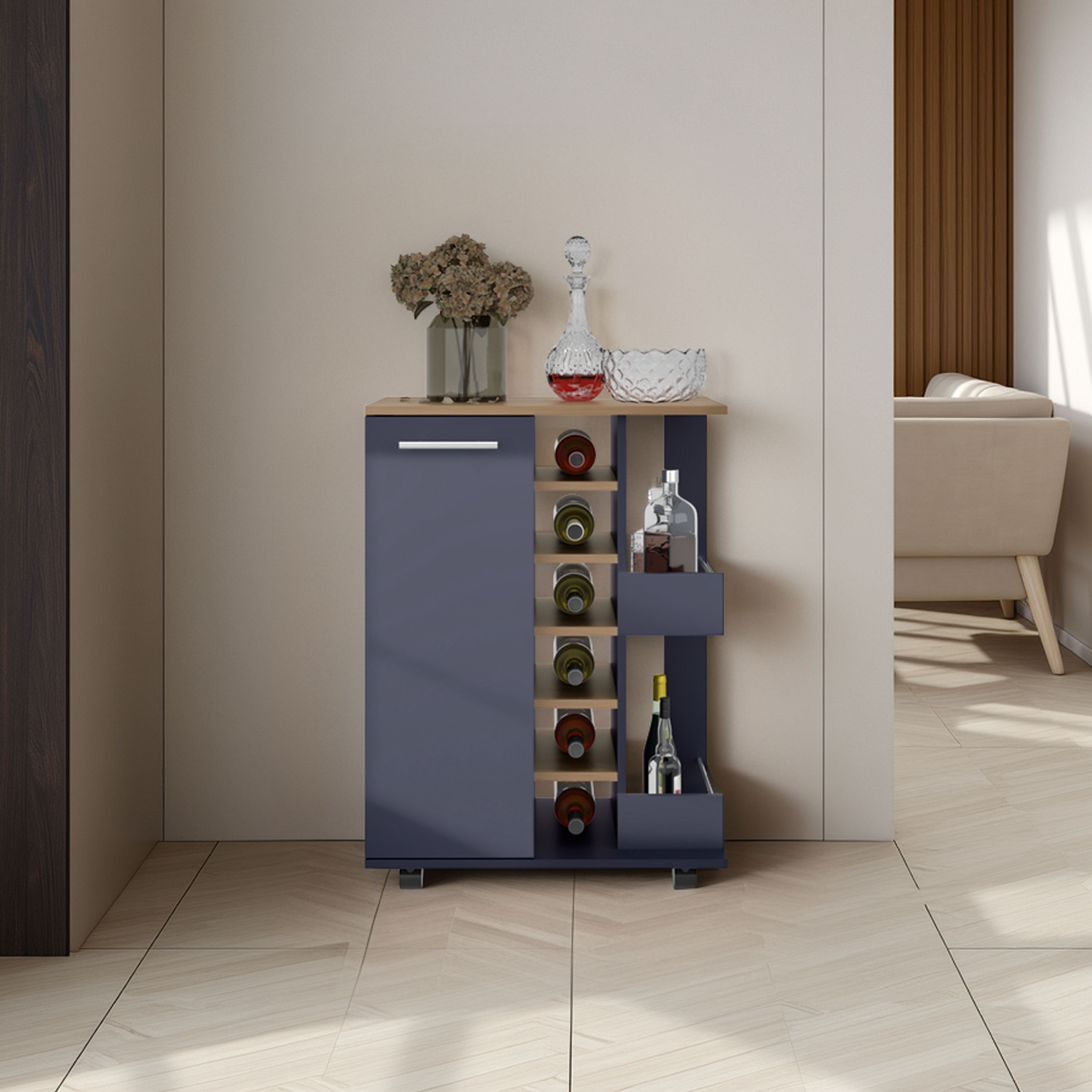 Tinyhomie Carefree bar cabinet bottle racks double side shelves modern design in Kronos Ash and Kronos Blue.