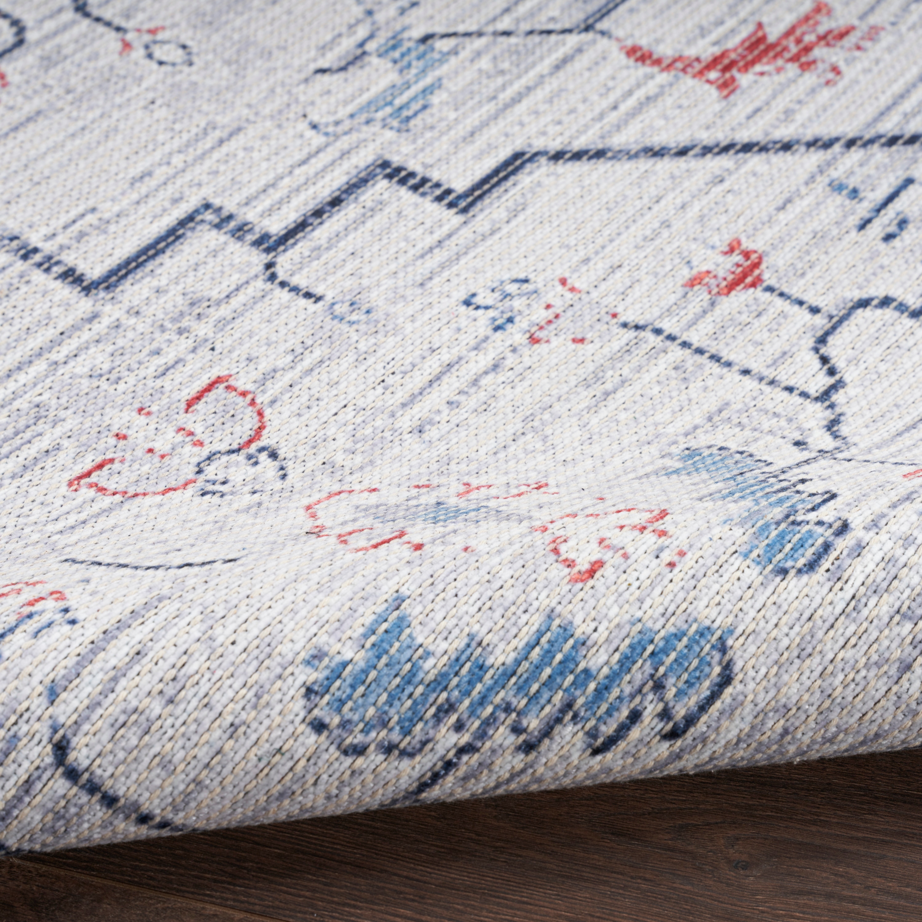 Ivory Blue Floral Cotton Synthetic Runner Rug 2'2" x 10'