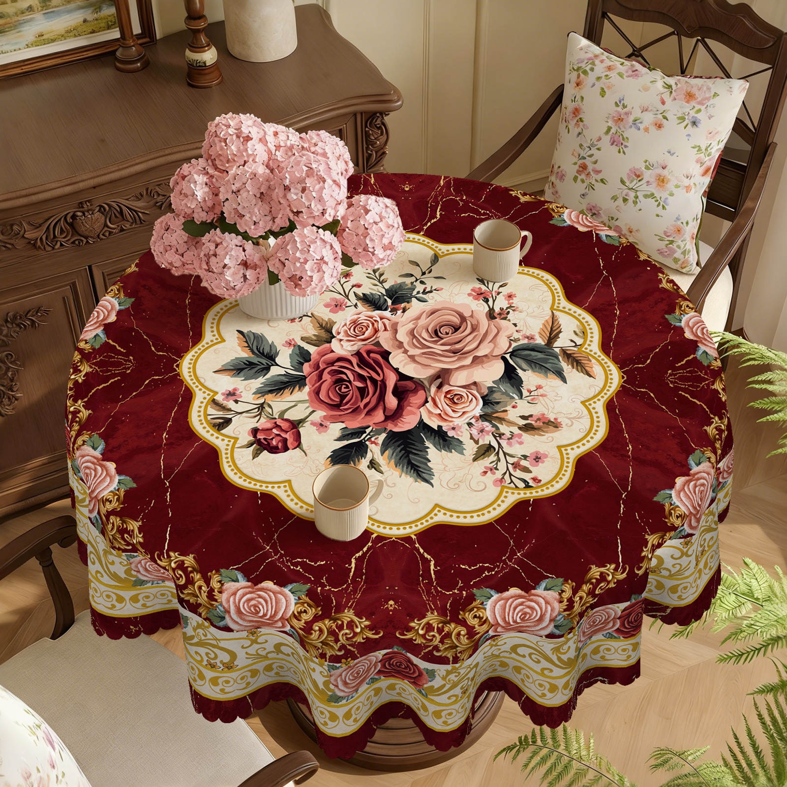 WISH TREE Floral Tablecloth Round 60 Inch Washable Rectangle Red Table Cloths Seasonal Flower Table Cover for Party Picnic Dinner Holiday Home Decor