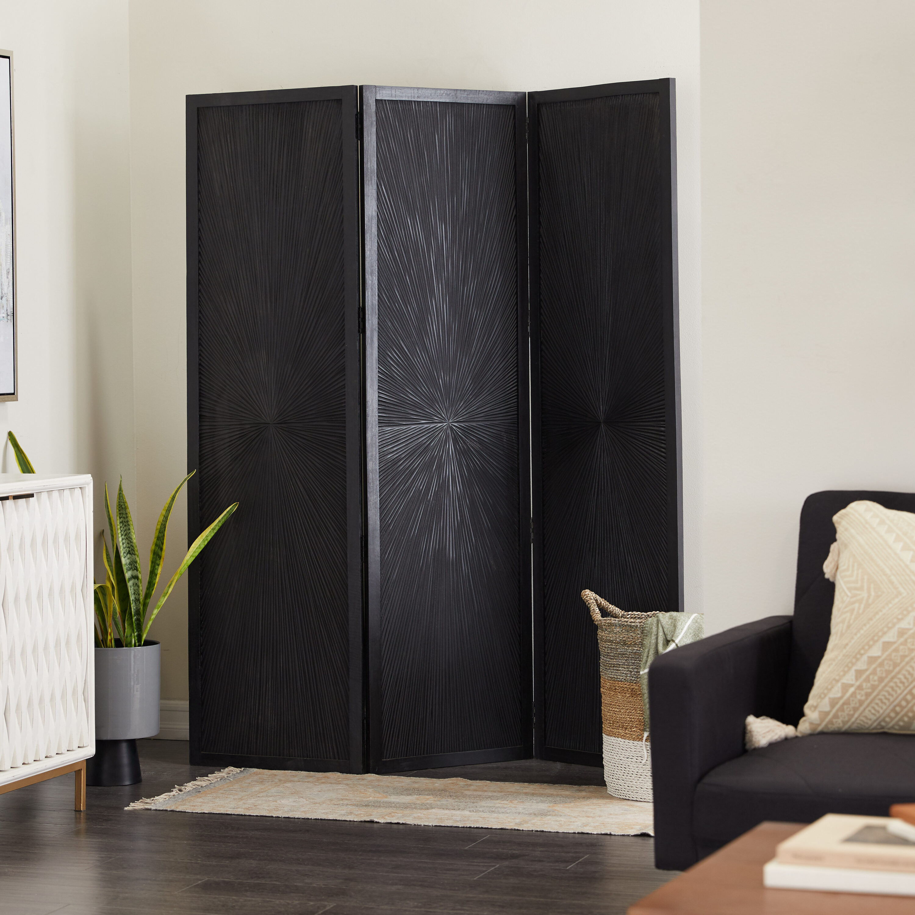 Grayson Lane 53576 3 -Panel Black Hinged Foldable 3 Panel with Carved Design Wood Contemporary/Modern Style Room Divider