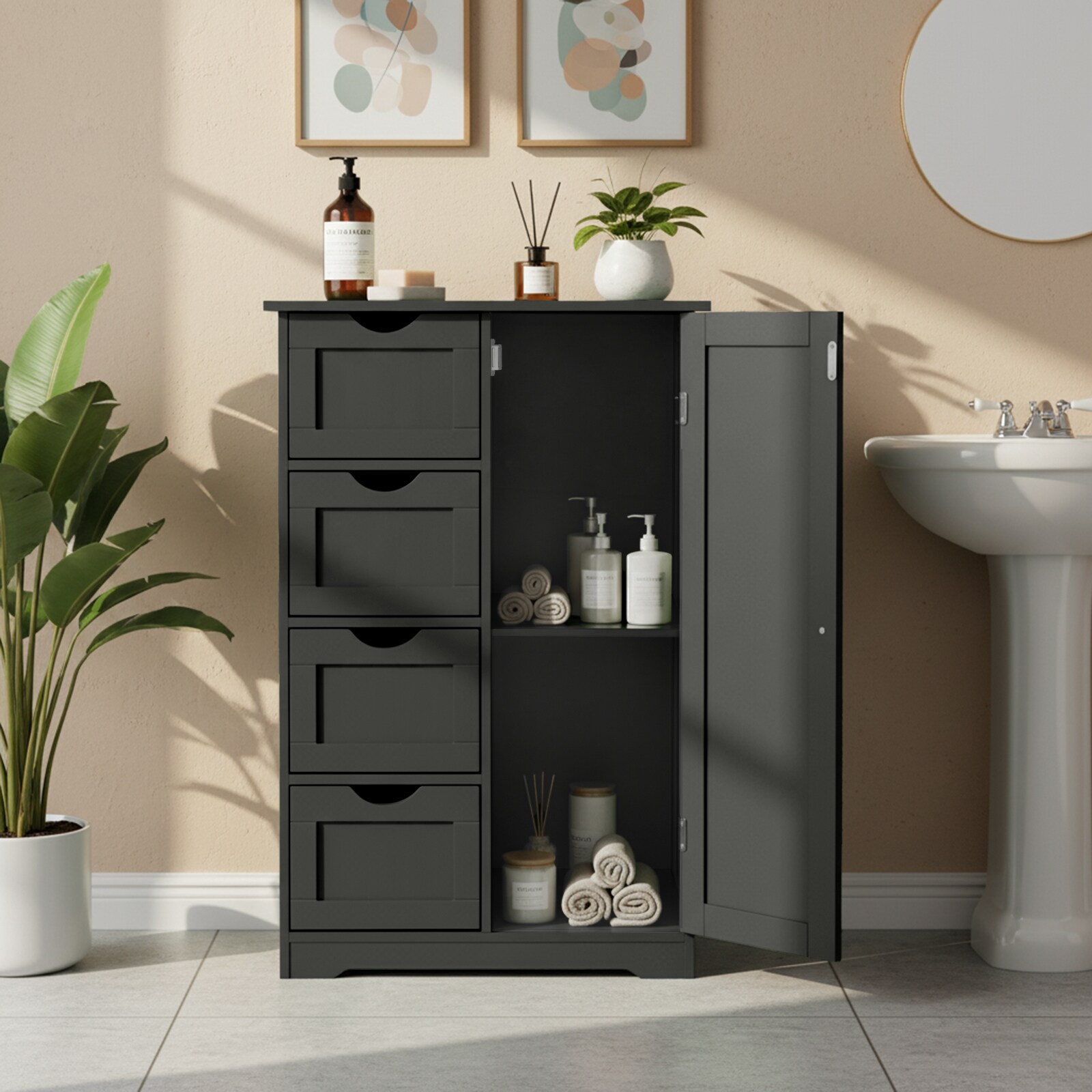 ROSMENA Modern Matte Black Bathroom Storage Cabinet 4 Drawers 1 Door Scratch Resistant Triple Melamine Laminate Density Board for Compact Bathroom Powder Room Vanity Side