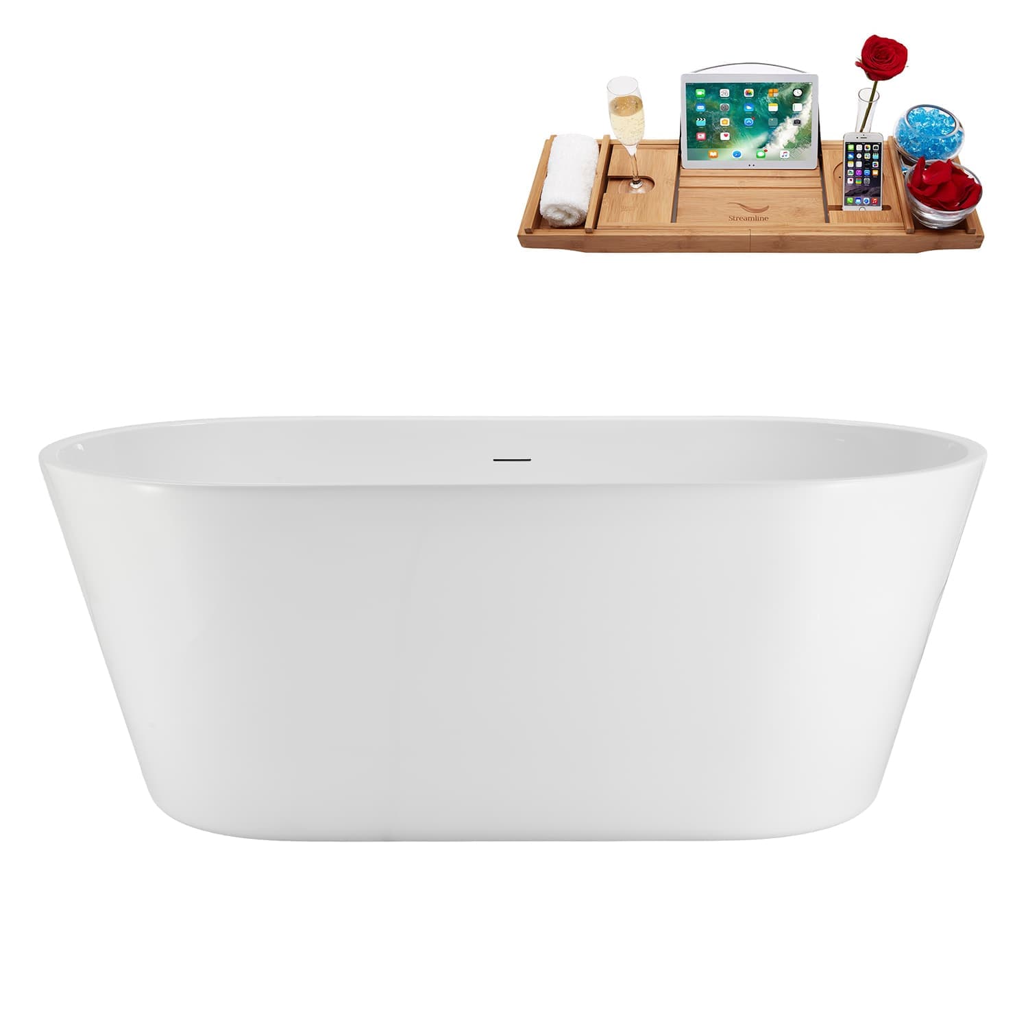 Streamline 59 inch  Soaking Glossy White Freestanding Tub With Internal Drain in Brushed Nickel