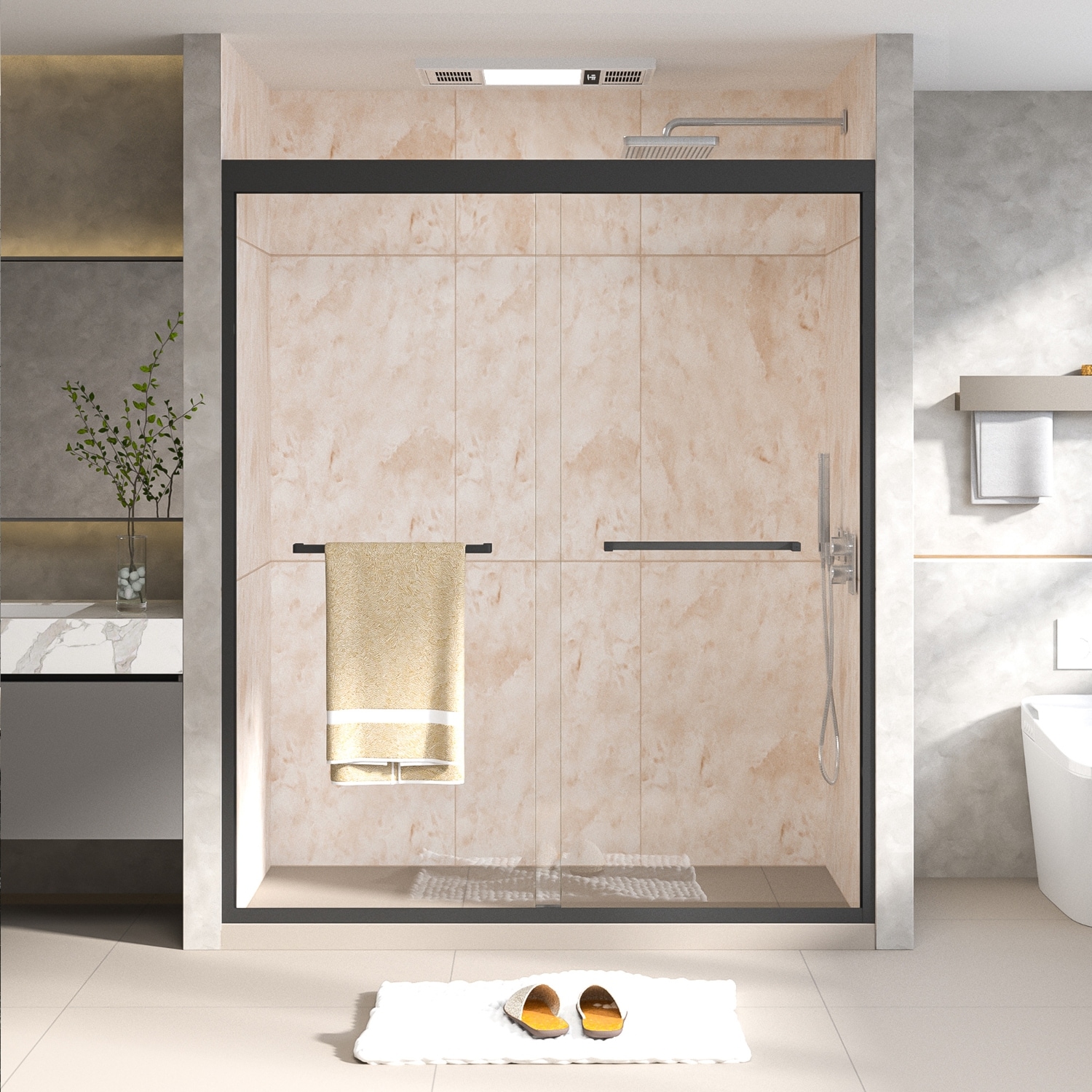 Wooakway 56in-60inWx70in H Semi-Frameless Double Sliding Shower Door Bypass Shower Door 1/4in (6mm) Thick SGCC Tempered Glass Door Matte Black #FXLS0605-605D66
