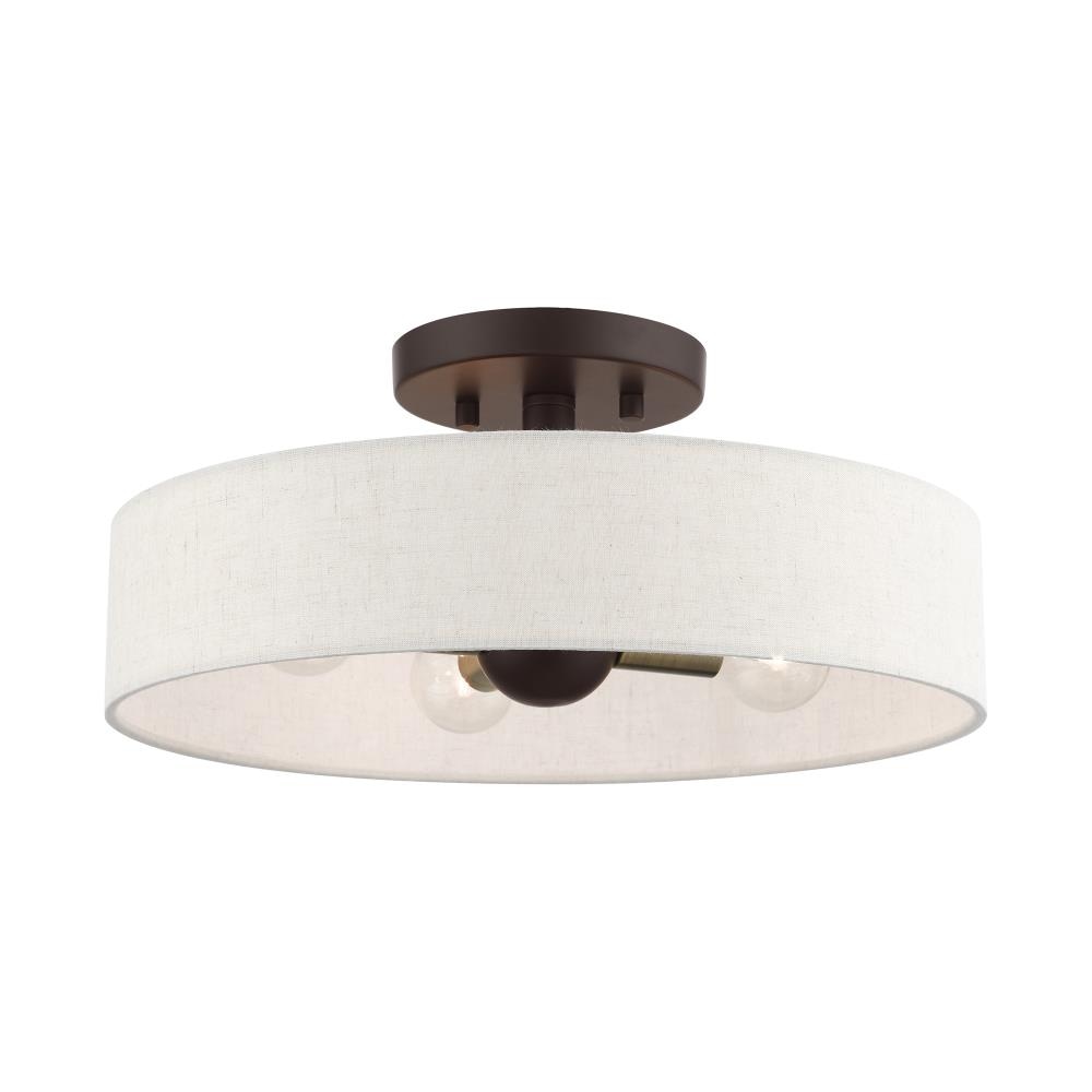 Bronze Antique Brass 4-Light Drum Semi-Flush Mount with Oatmeal Shade