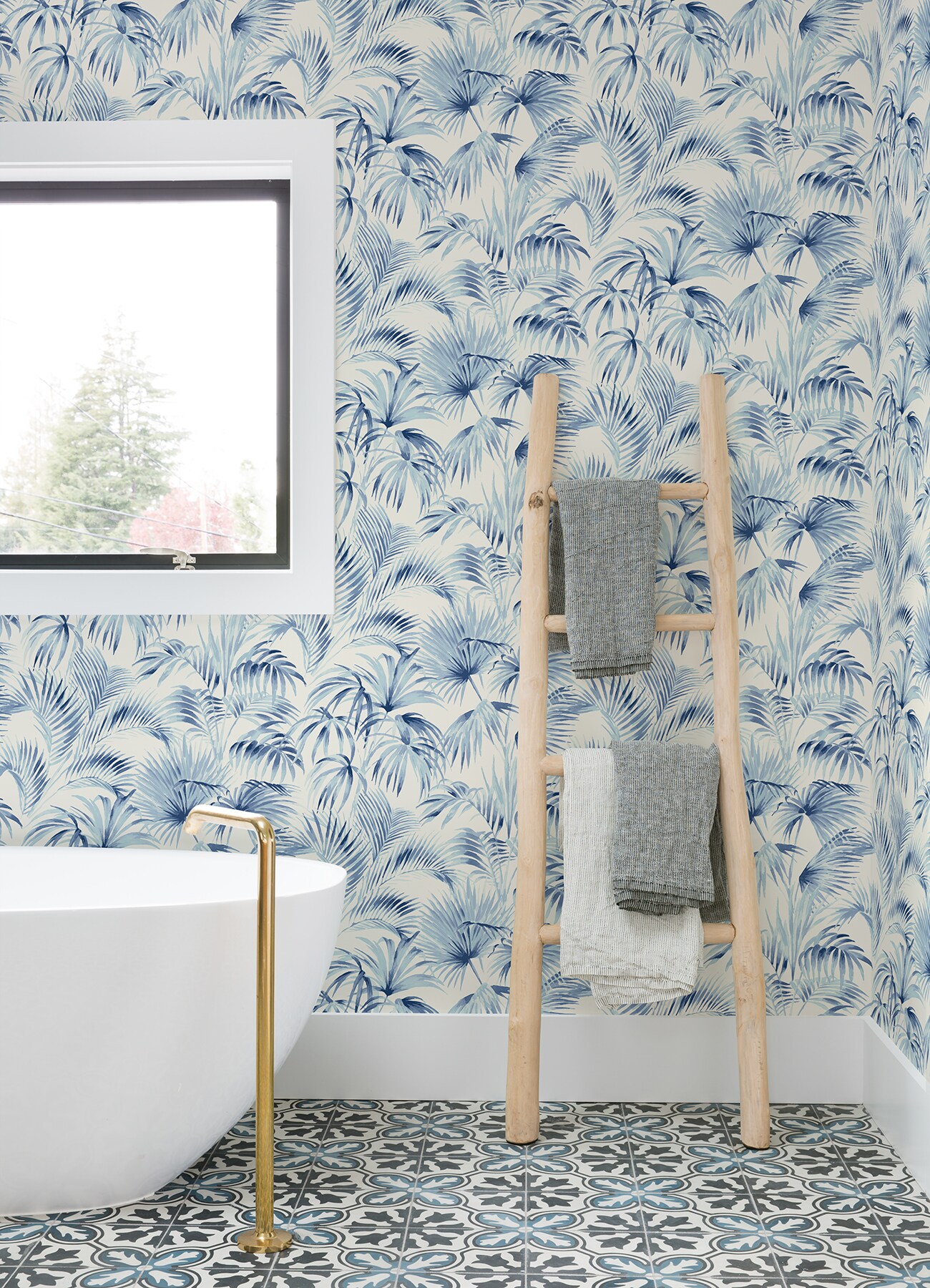 Manaus Blue Palm Frond Tropical Prepasted Wallpaper