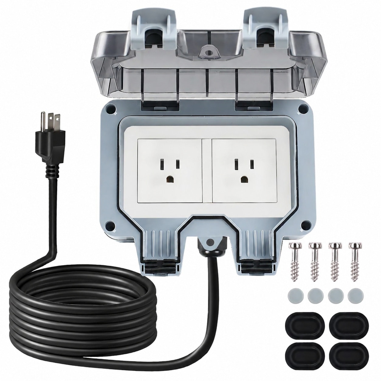 Aoibox IP66 Weatherproof 2 Gang Outdoor Power Outlet Box with 32 8 ft STW 14 AWG Cord NEMA 5 15R Socket Box #LABHE27R