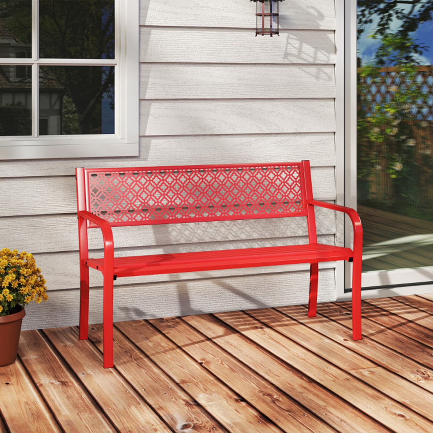 Patio Benches 50-in W x 32-in H Red Steel Garden Bench