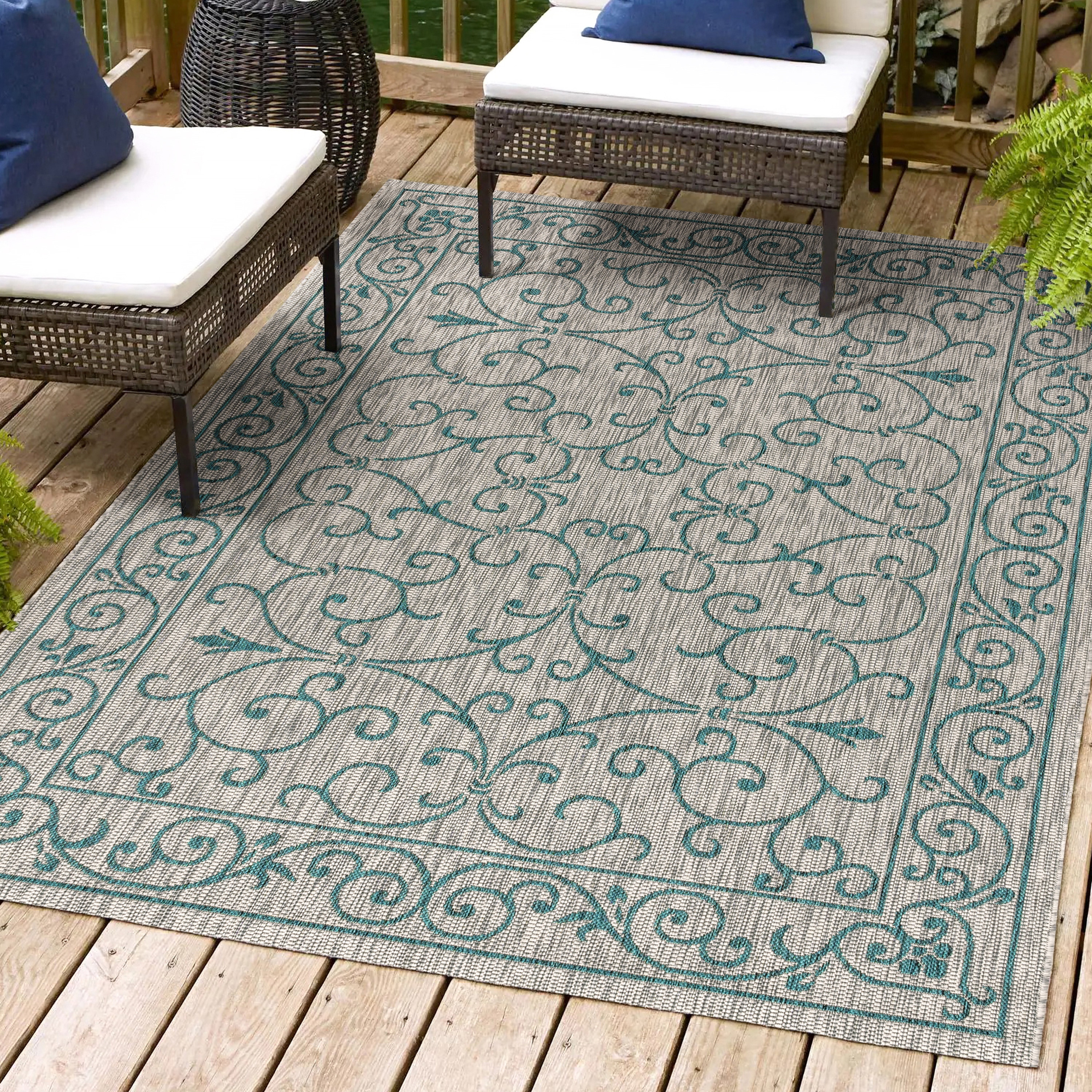 JONATHAN  Y SMB106E-5 Santa Monica Charleston Filigree Textured Weave 5 x 8 (ft) Loomed Polypropylene Gray/Teal Rectangular Indoor/Outdoor Border Coastal Area rug